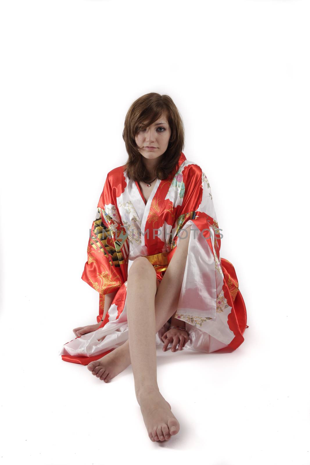 french young girl geisha in red silk kimono