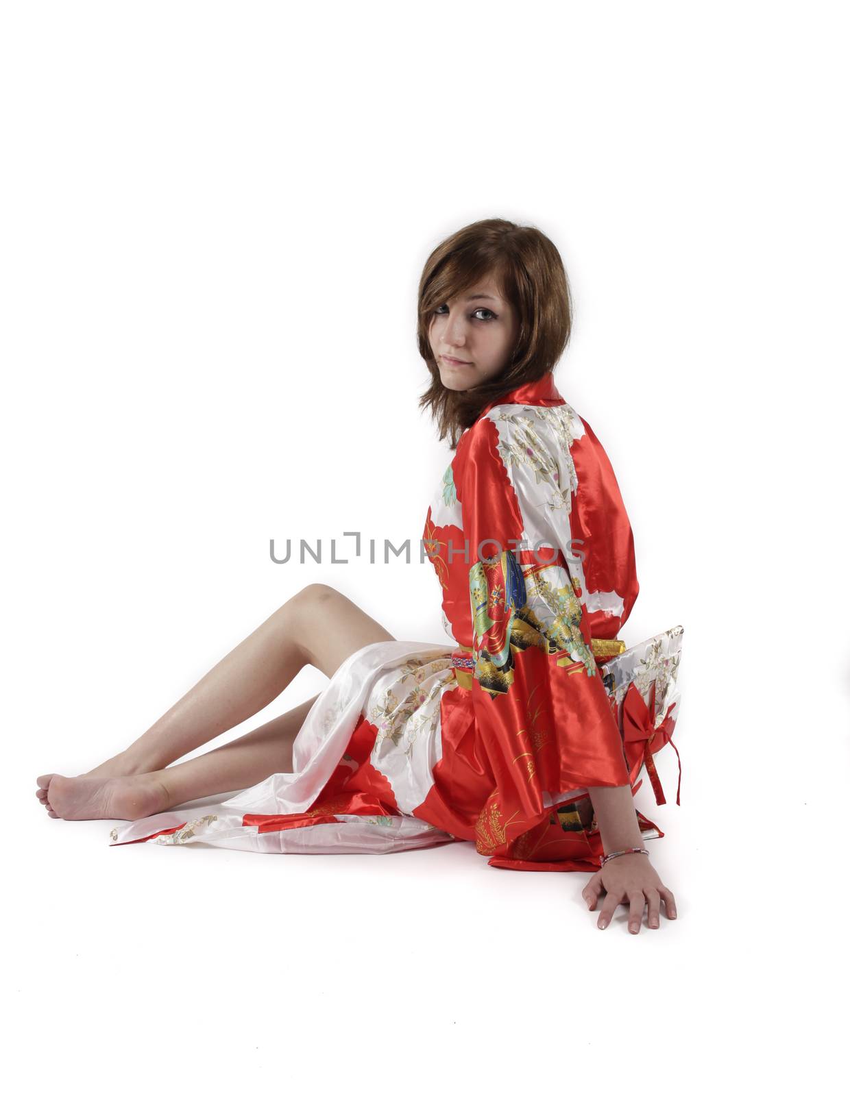 french young girl geisha in red silk kimono