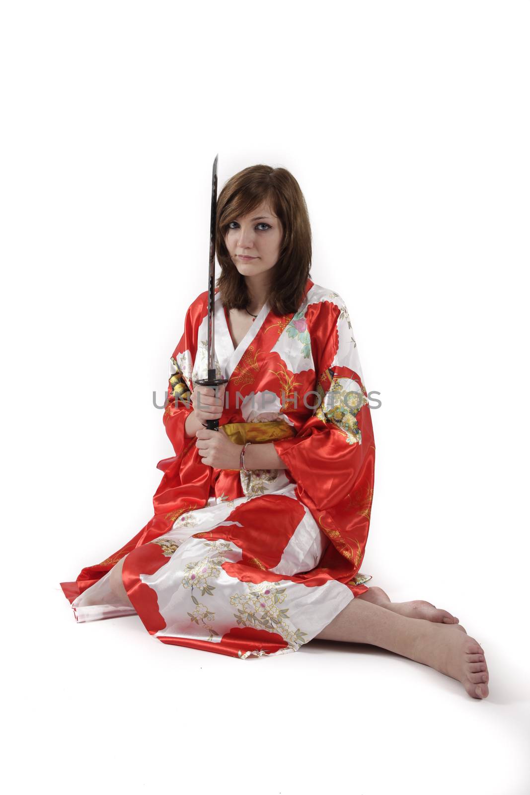 french young girl geisha in red silk kimono with japanese sword by macintox