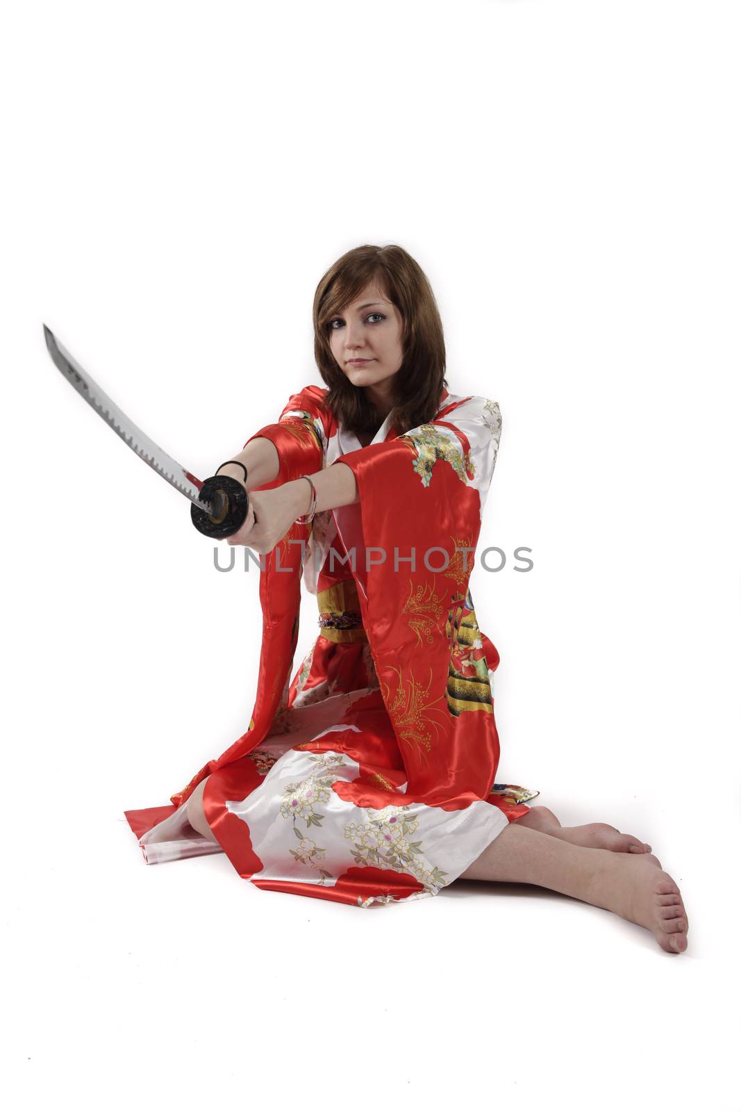 french young girl geisha in red silk kimono with japanese sword