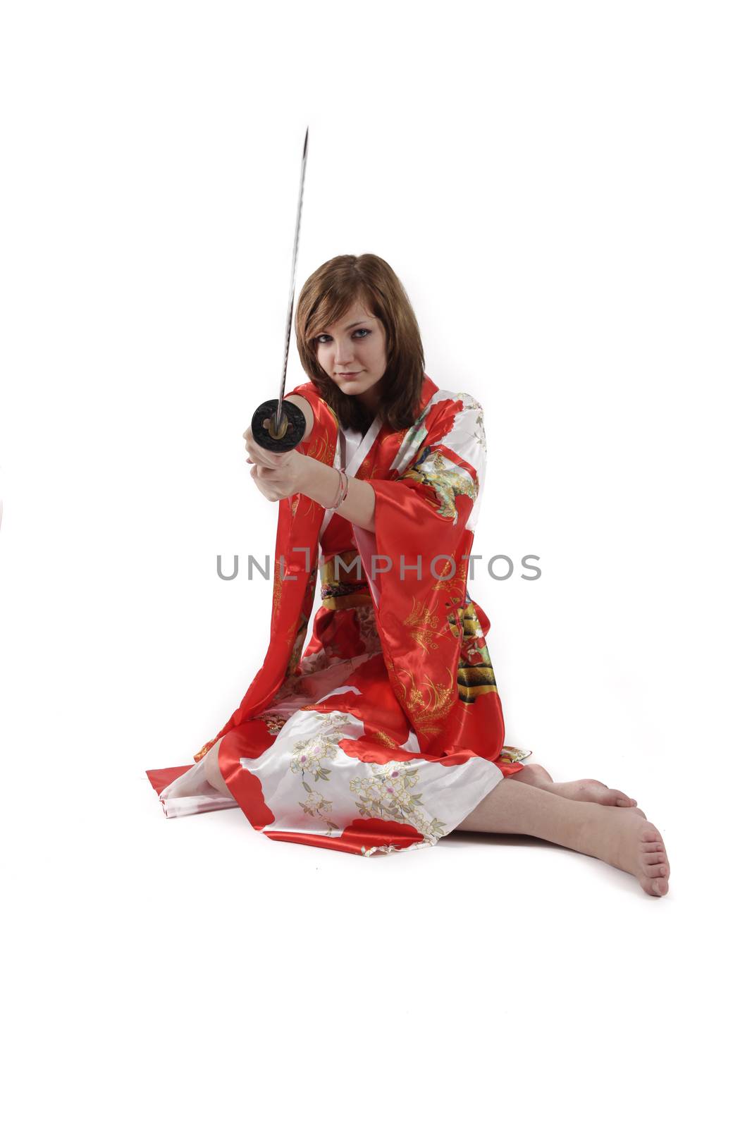 french young girl geisha in red silk kimono with japanese sword by macintox