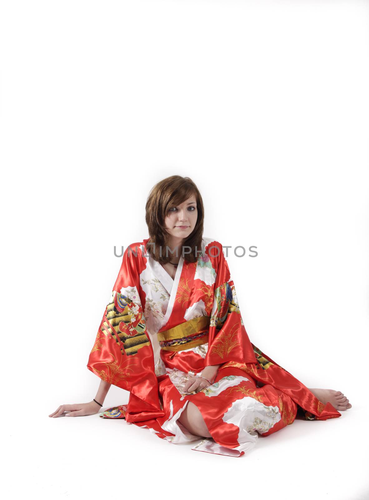 french young girl geisha in red silk kimono