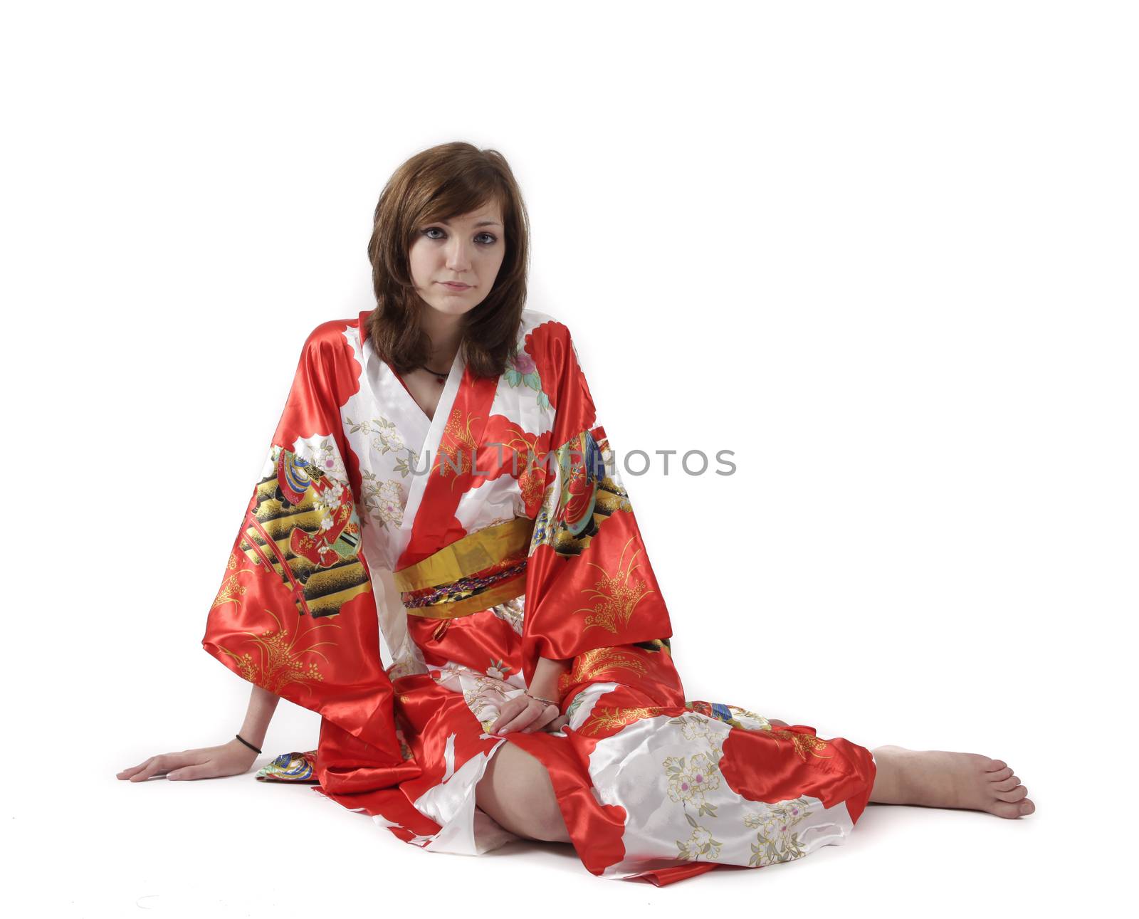 french young girl geisha in red silk kimono