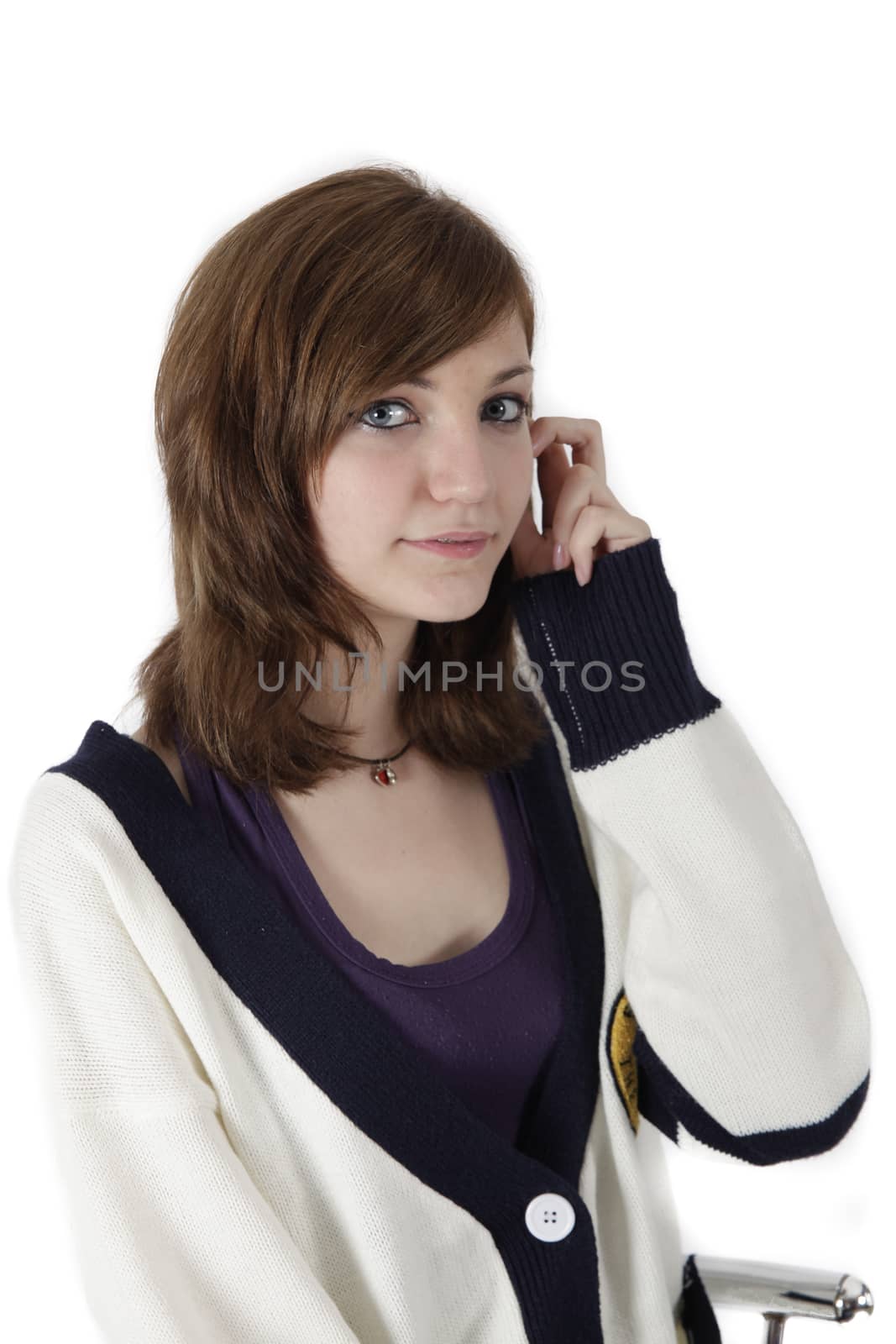 innocent young french woman on studio white background
