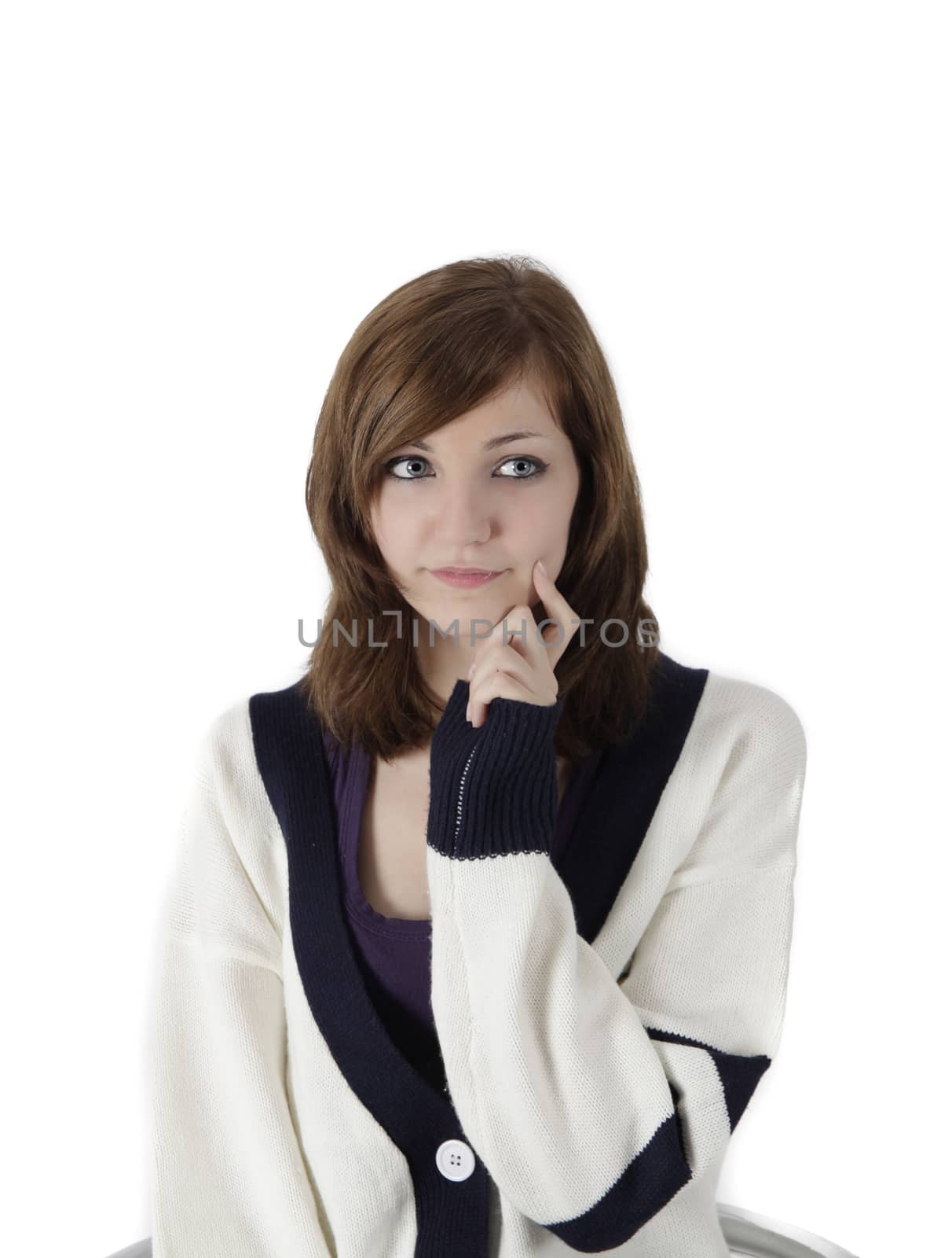 innocent young french woman on studio white background