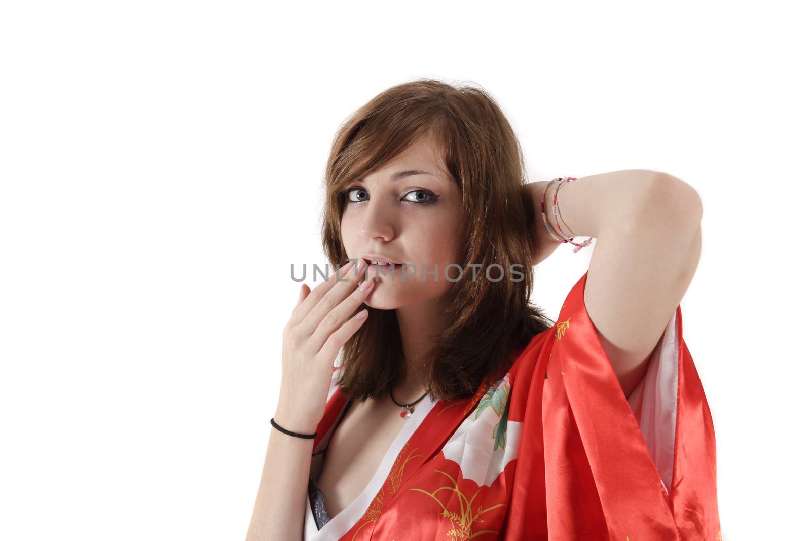 french young girl geisha in red silk kimono