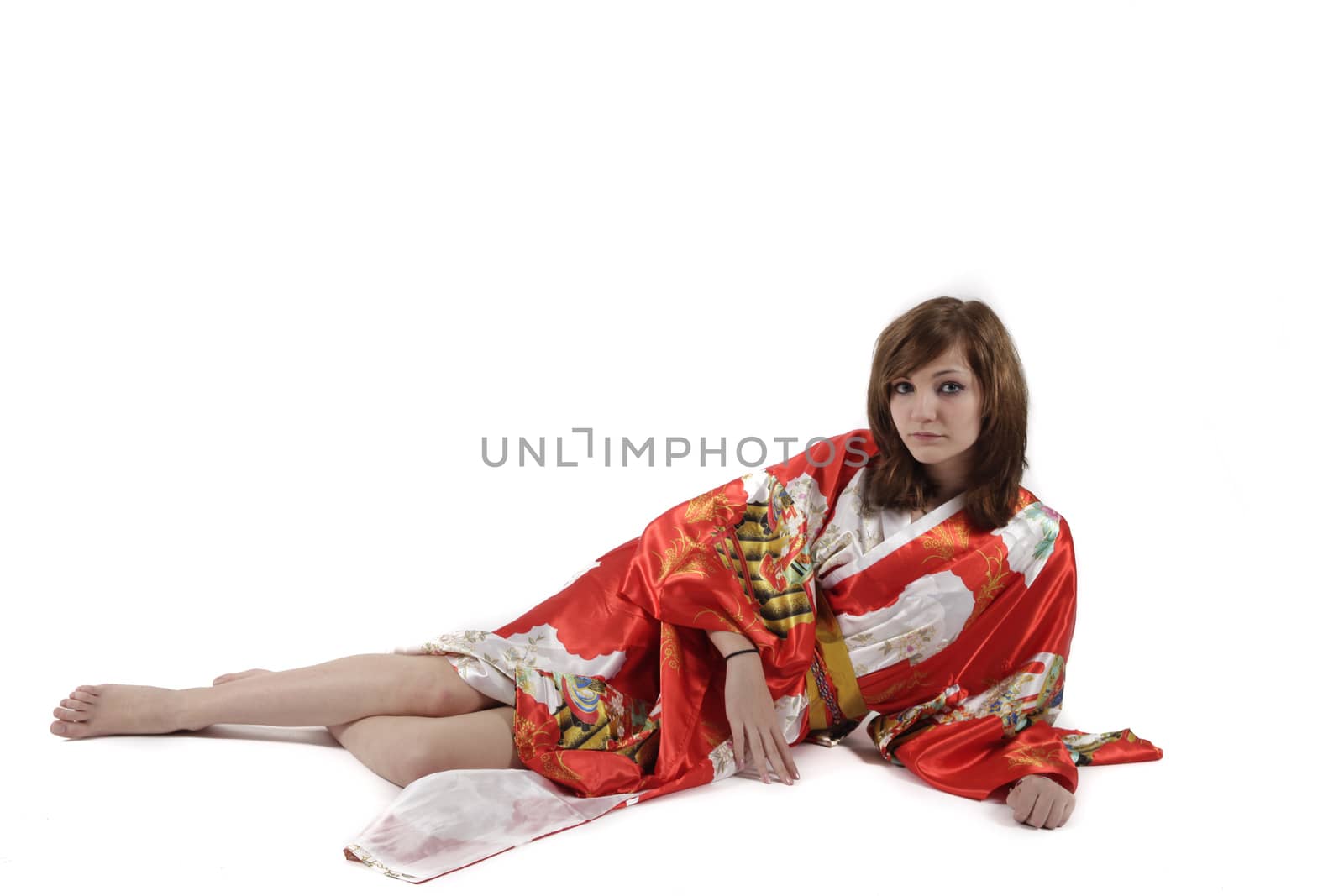 french young girl geisha in red silk kimono