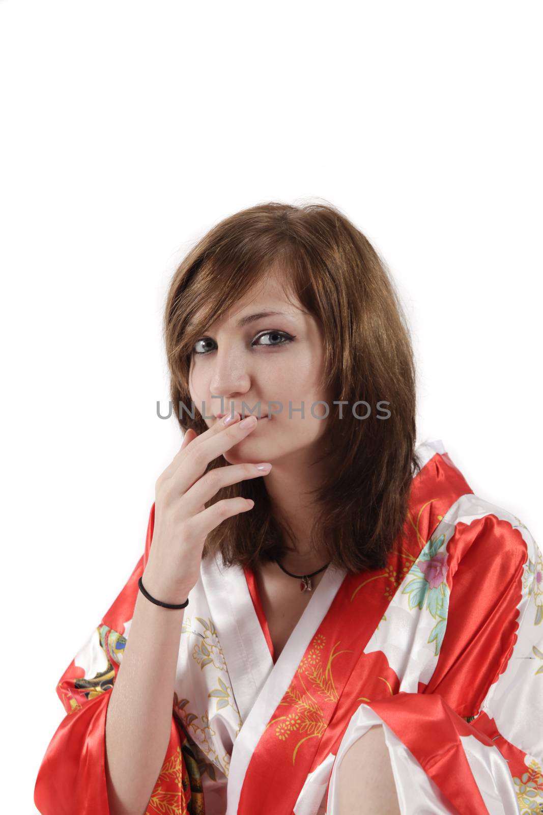 french young girl geisha in red silk kimono
