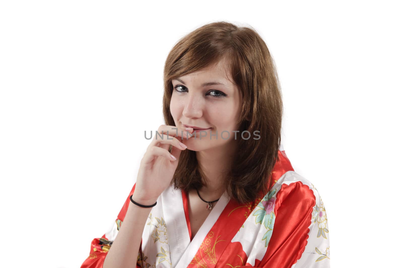 french young girl geisha in red silk kimono