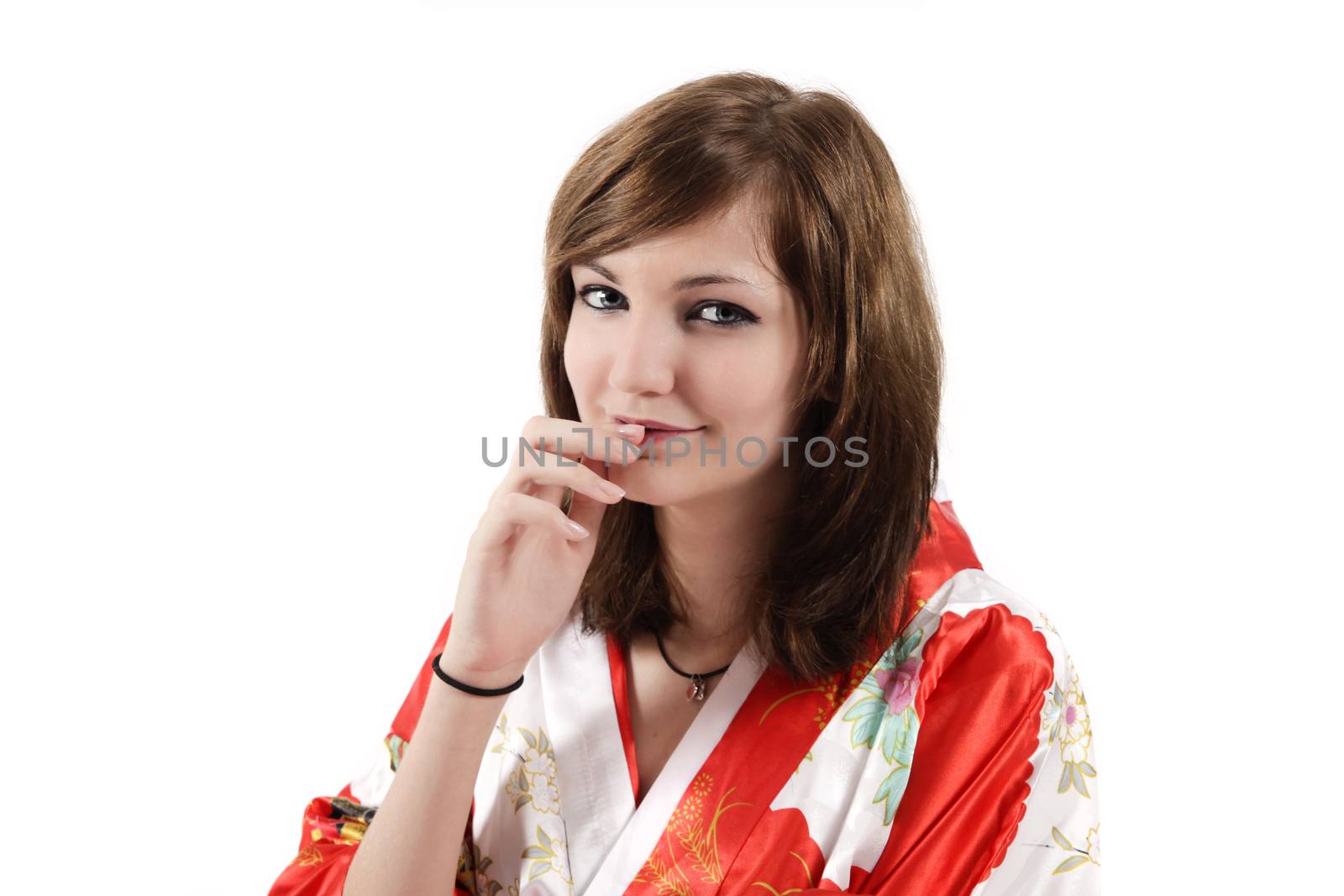 french young girl geisha in red silk kimono