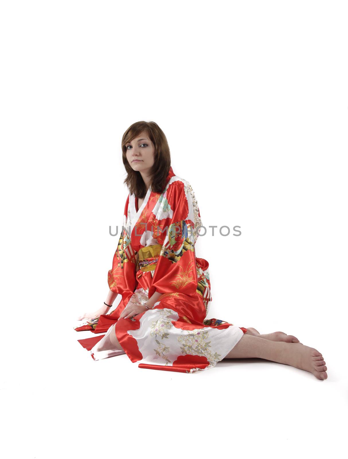 french young girl geisha in red silk kimono