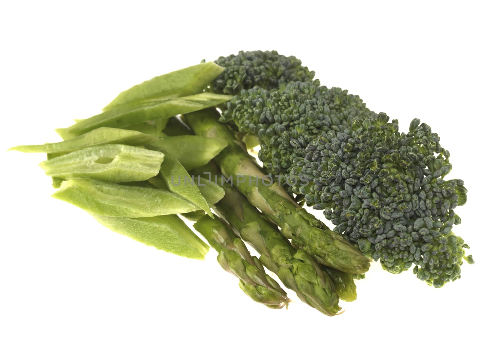 Fresh Raw Uncooked Vegetables Broccoli Asparagus and Runner Beans Isolated White Background