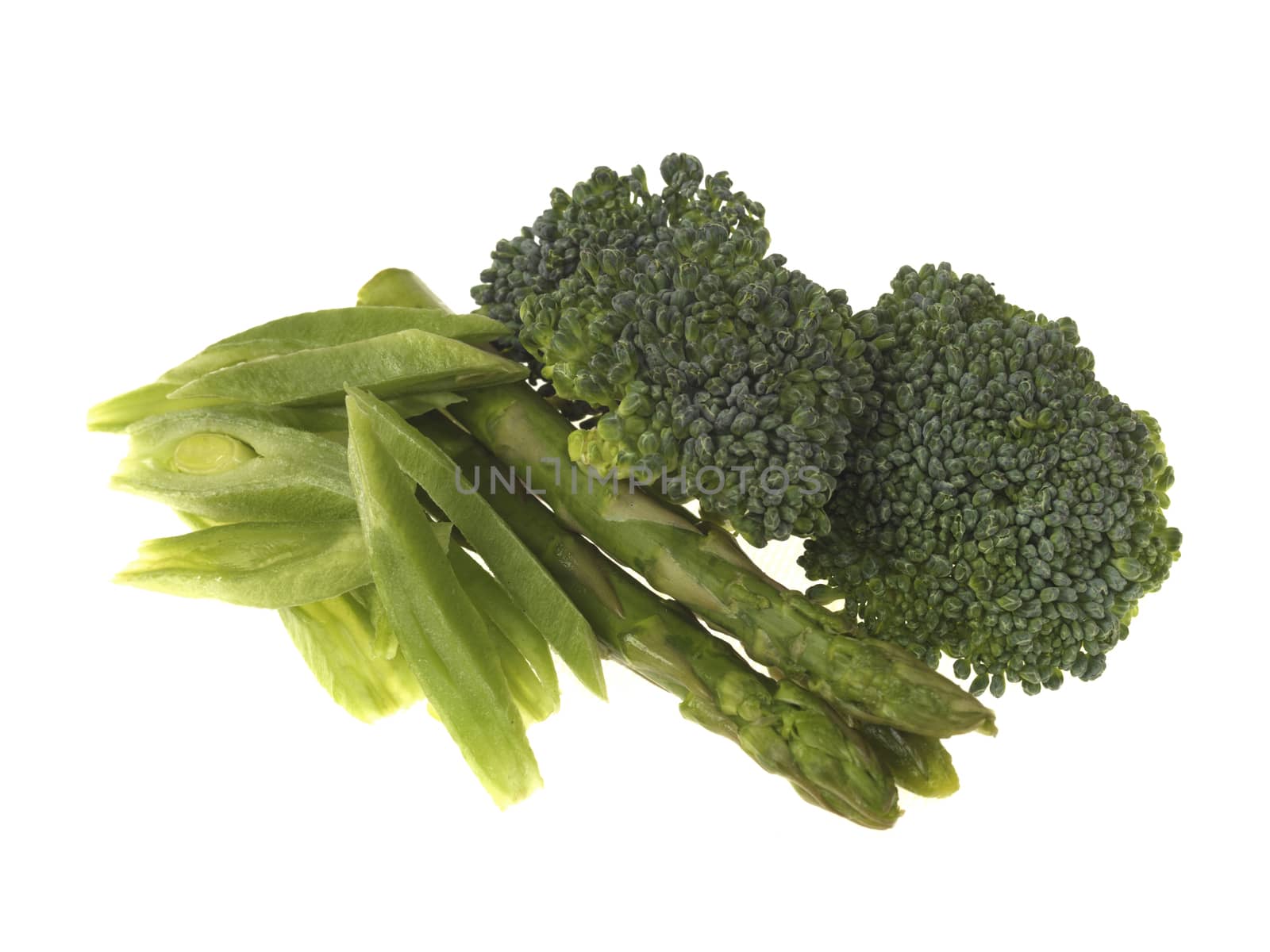 Fresh Raw Uncooked Vegetables Broccoli Asparagus and Runner Beans Isolated White Background