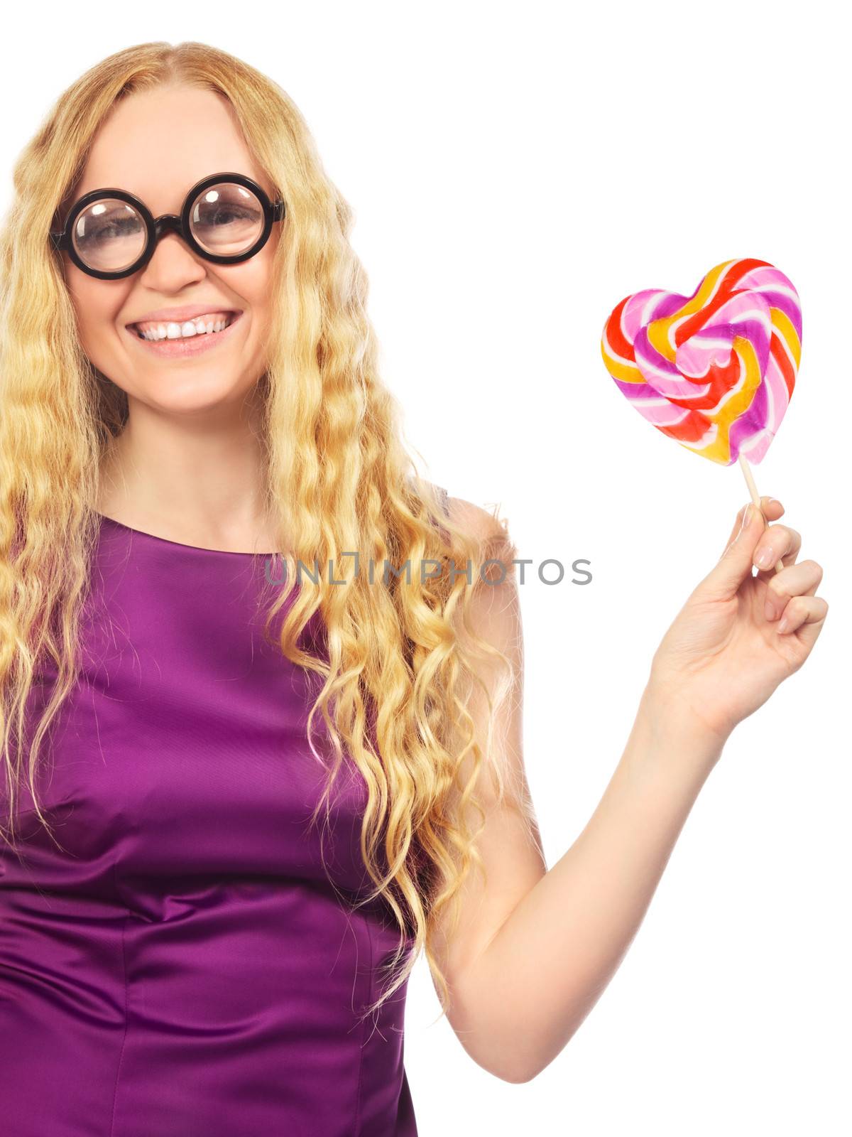 girl in funny eyeglasses with lollipop, isolated on white