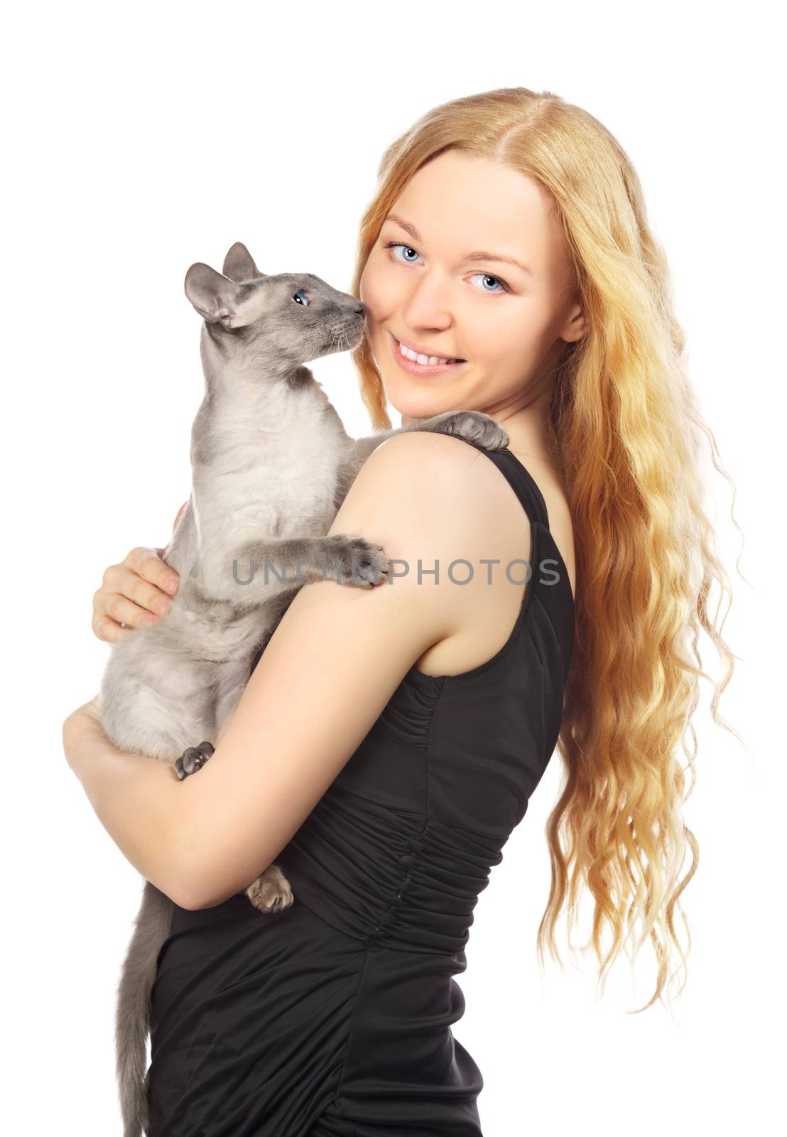 beautiful girl with cat, isolated on white