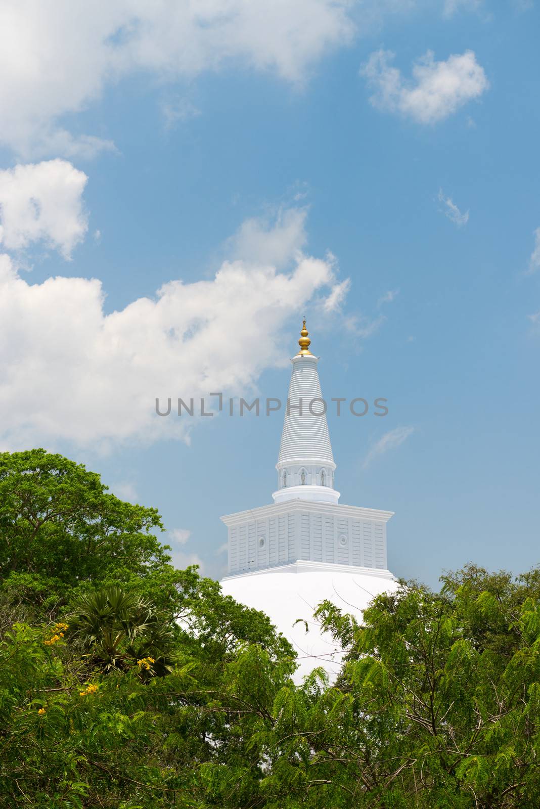 White sacred stupa Ruwanmalisaya above green trees, Anuradhapura, Sri Lanka