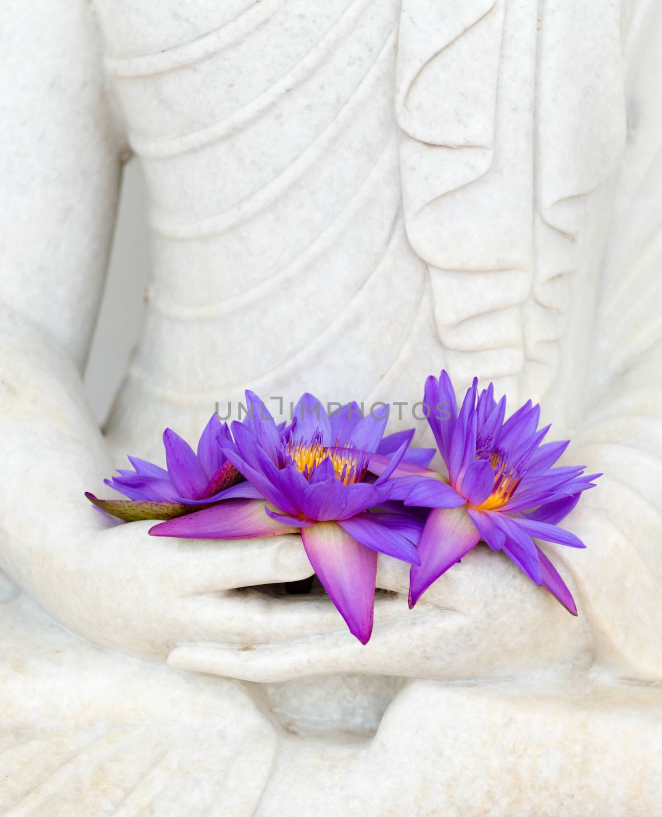 Fresh flowers in Buddha image hands by iryna_rasko