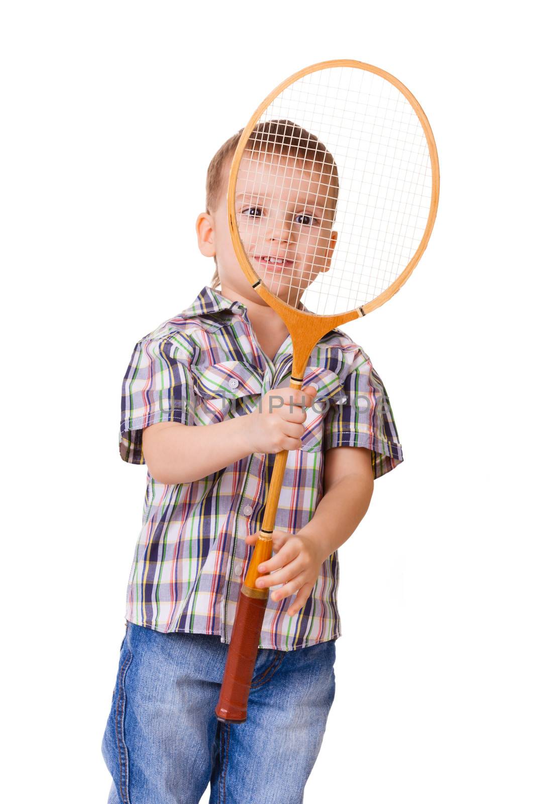 Little kid with badminton racket isolated on white background 