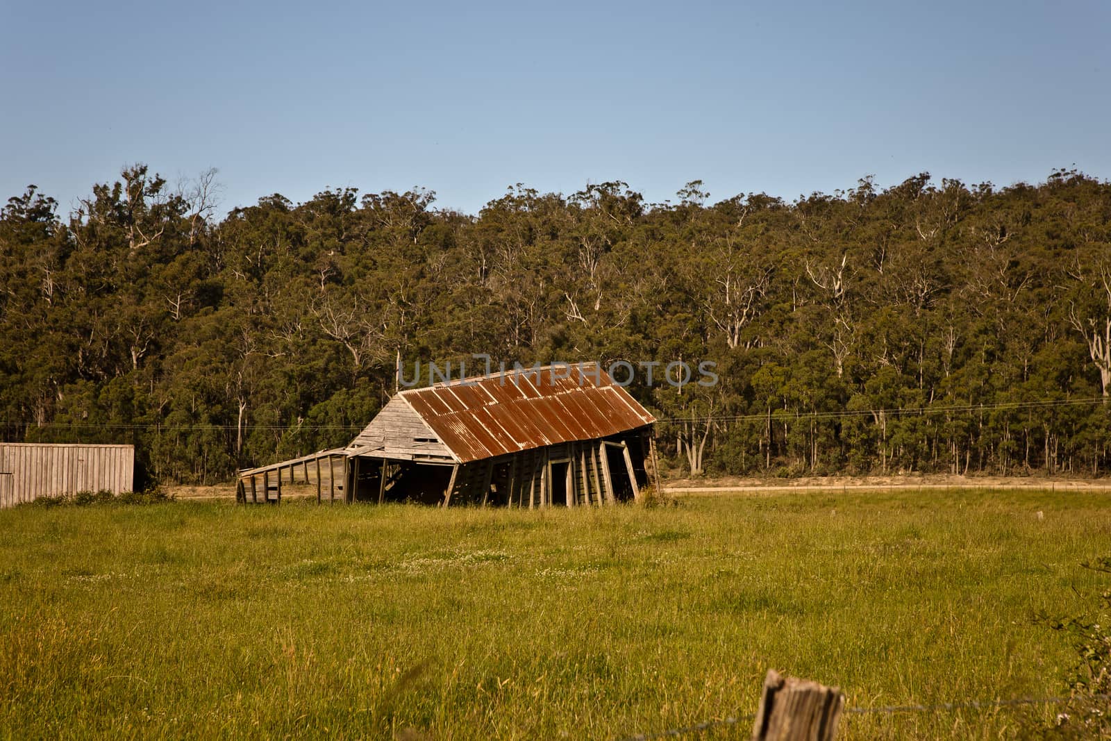 Old agricultural barn with a rusty corrugated iron roof and dilapidated wooden walls in open countryside