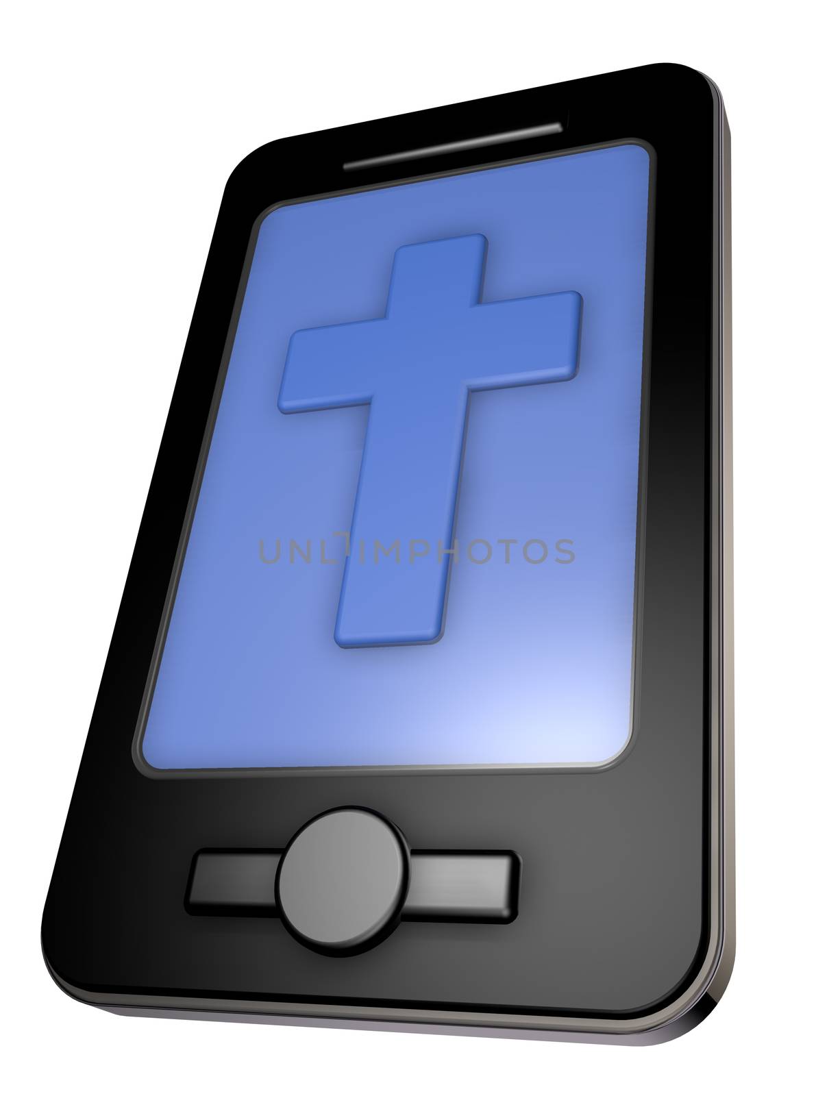 smartphone with christian cross at desktop on white background - 3d illustration