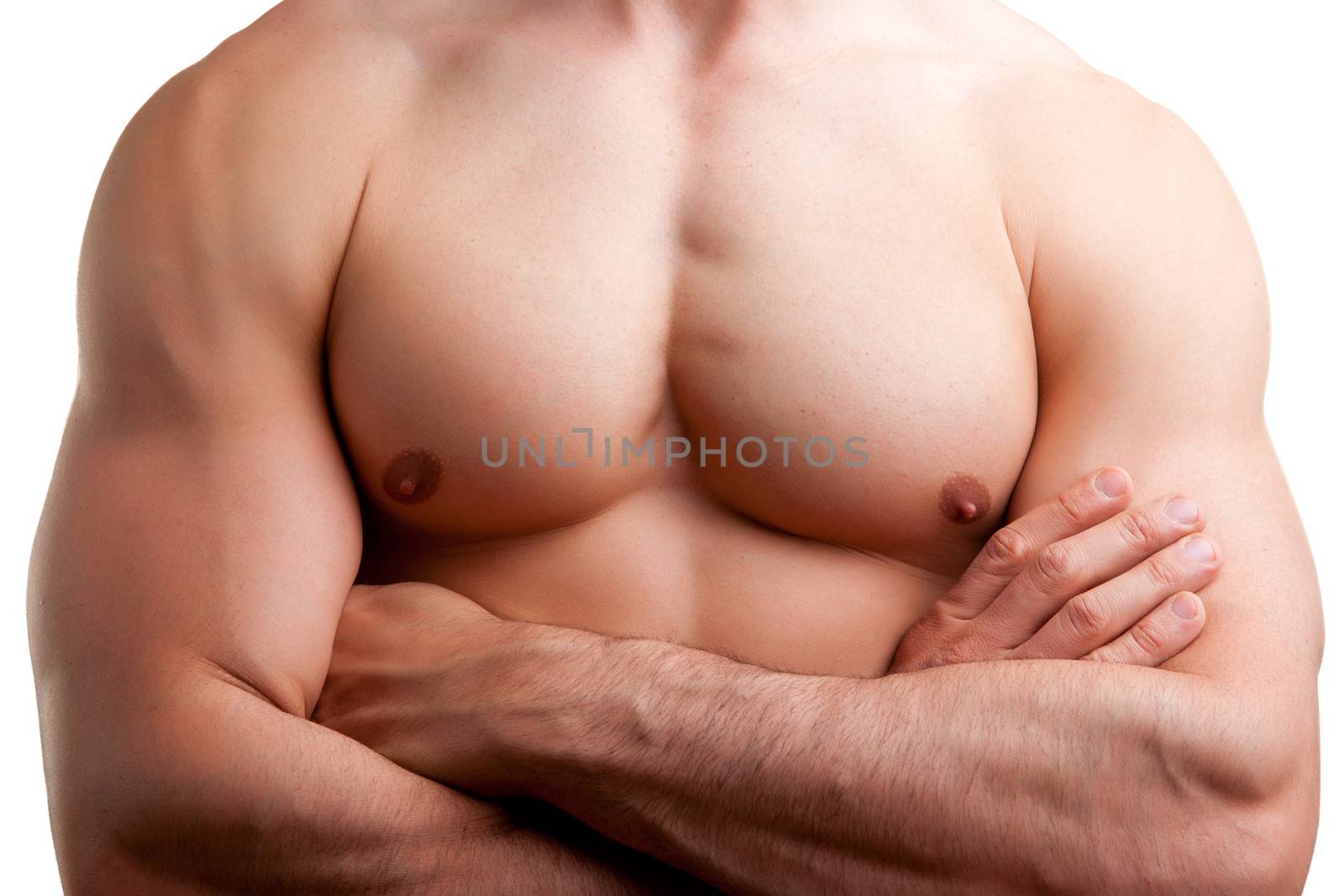 Close up of a muscular male torso, arms crossed, isolated in white