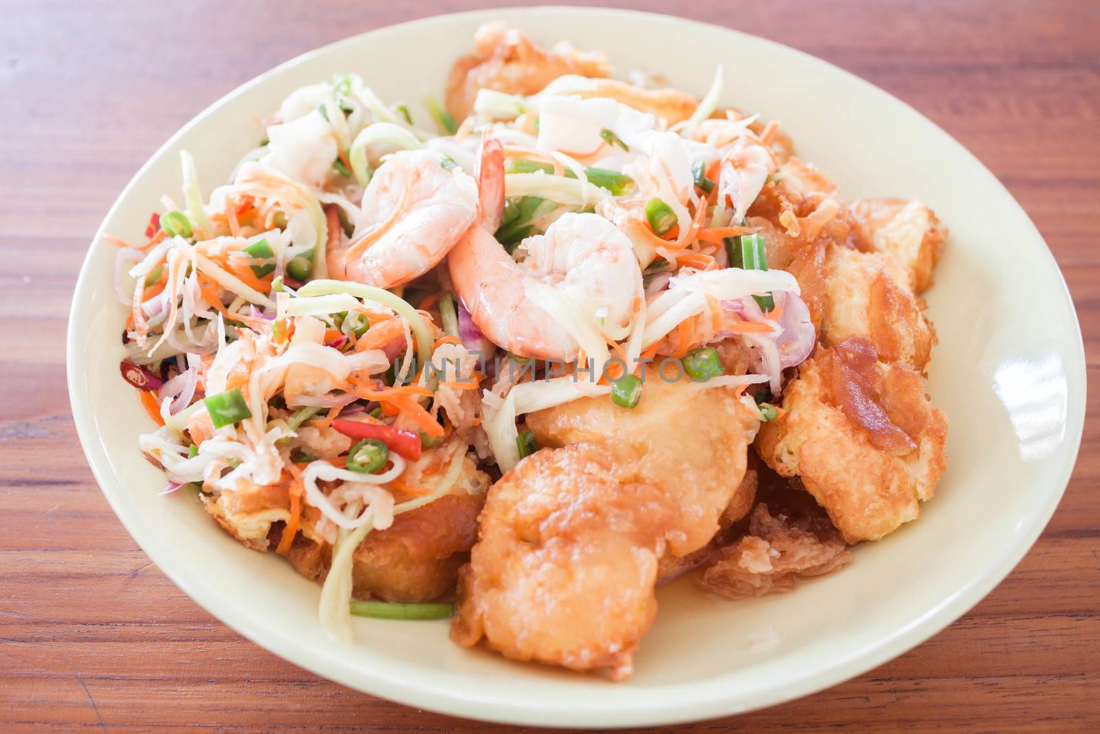 Spicy shrimp salad of egg tofu stir-fry  by punsayaporn