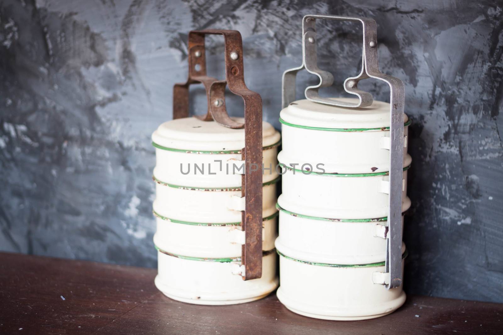 Food containers on asian kitchen shelf