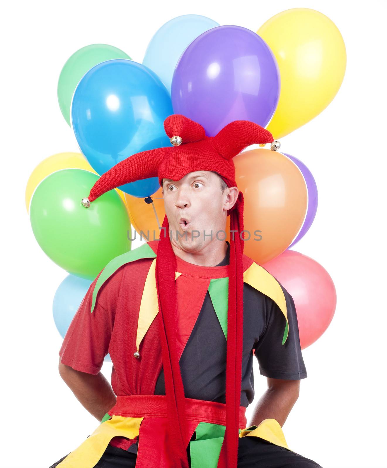 jester - entertaining figure in typical costume with colorful balloons