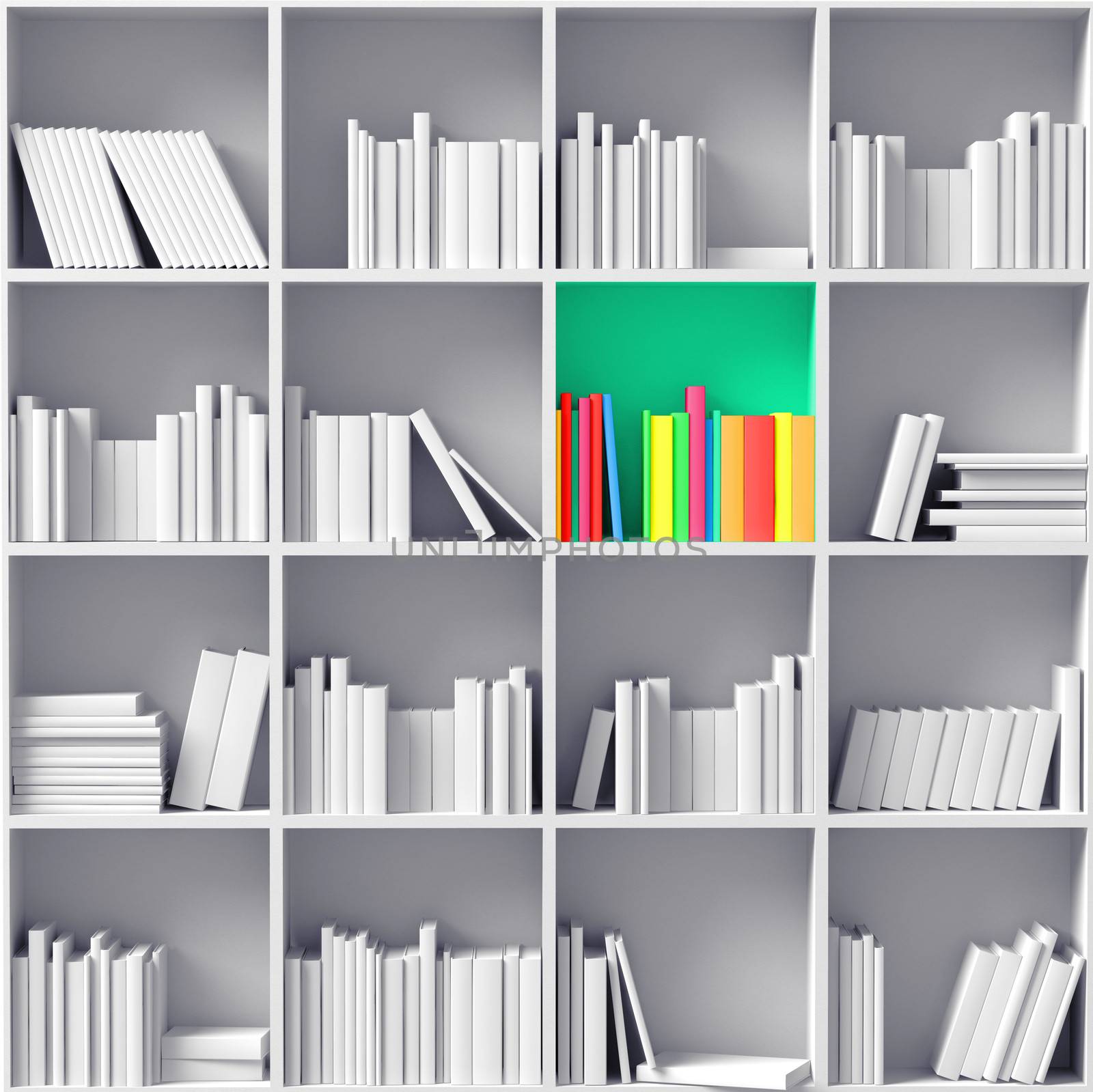 white bookshelves with one color 	partition 	
 (illustrated concept) 