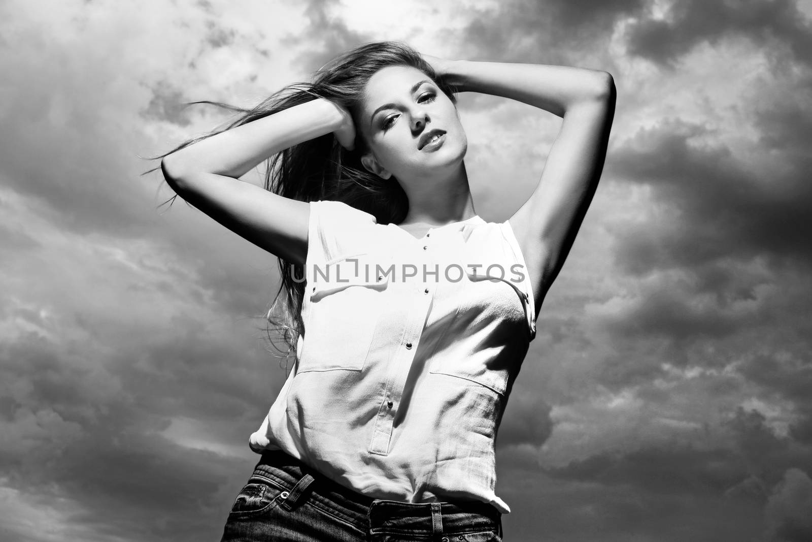 Beautiful caucasian woman in casual over sky background