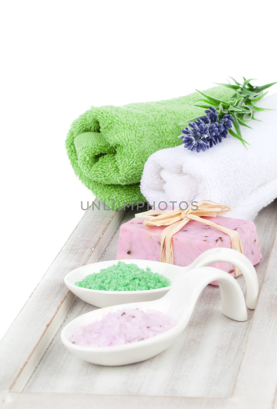 aromatic soap and bath salt for relaxation, isolated on white ba by motorolka