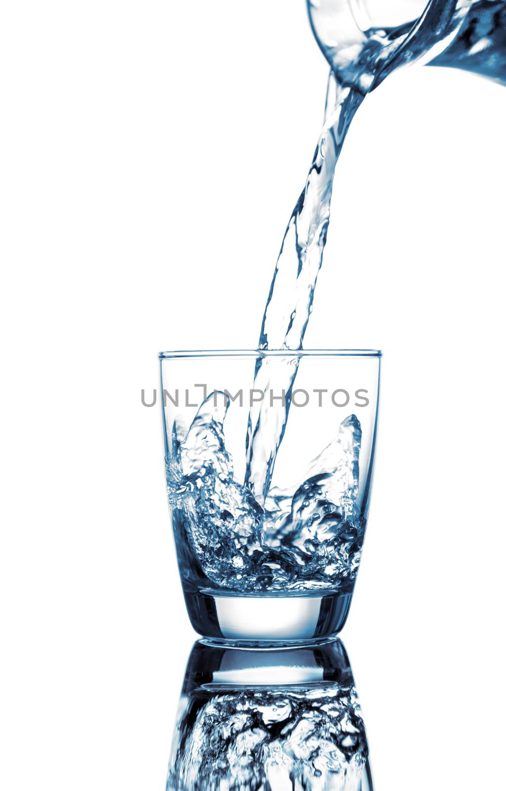 pouring water on a glass on white background