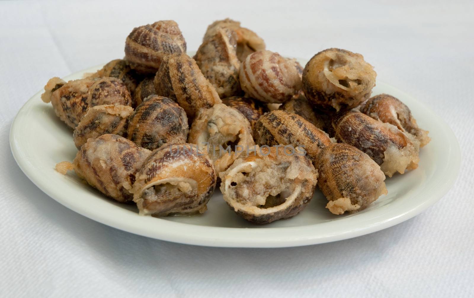 Fried snail on a white plate.