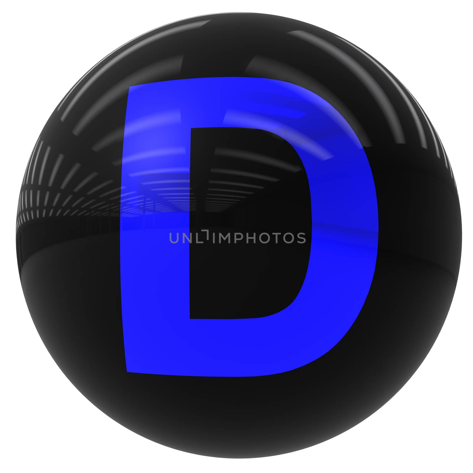 3d black ball with the letter D isolated on white with clipping path