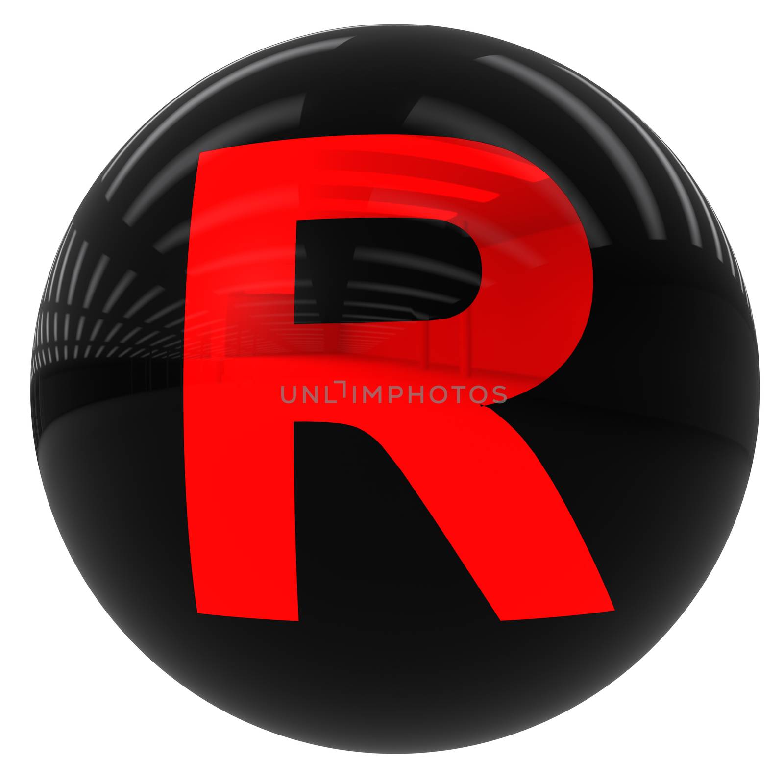 3d black ball with the letter R isolated on white with clipping path
