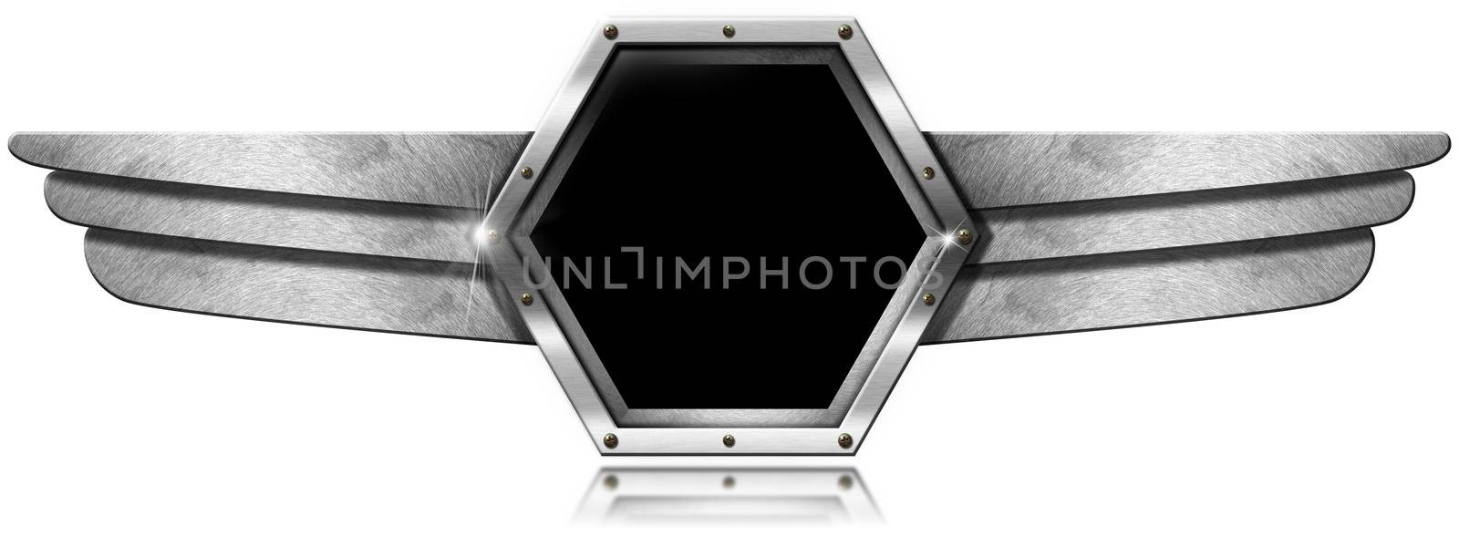 Dark gray hexagonal porthole with screws and metal wings on white background
