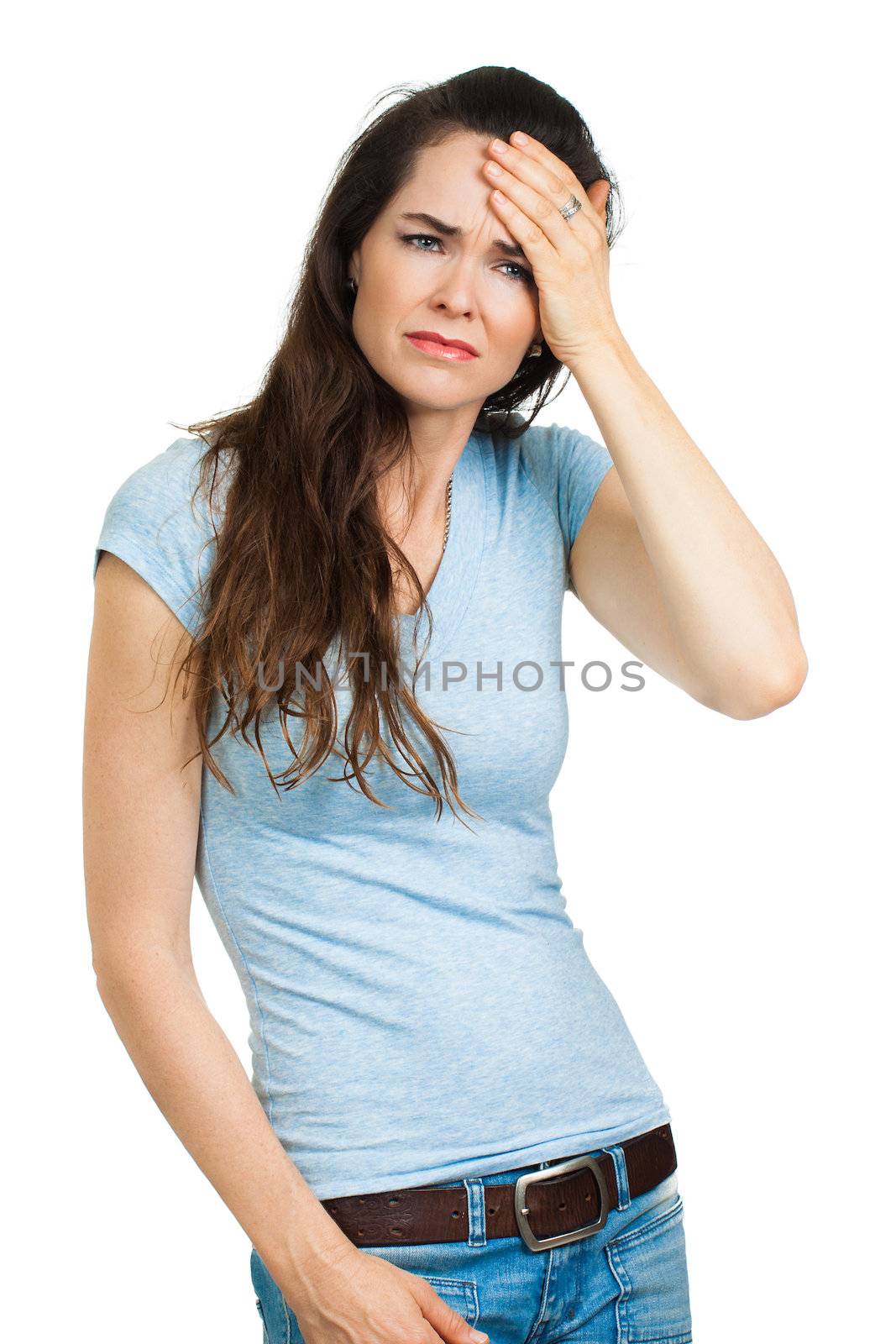 A woman suffering from a bad migraine or headache . Isolated on white.