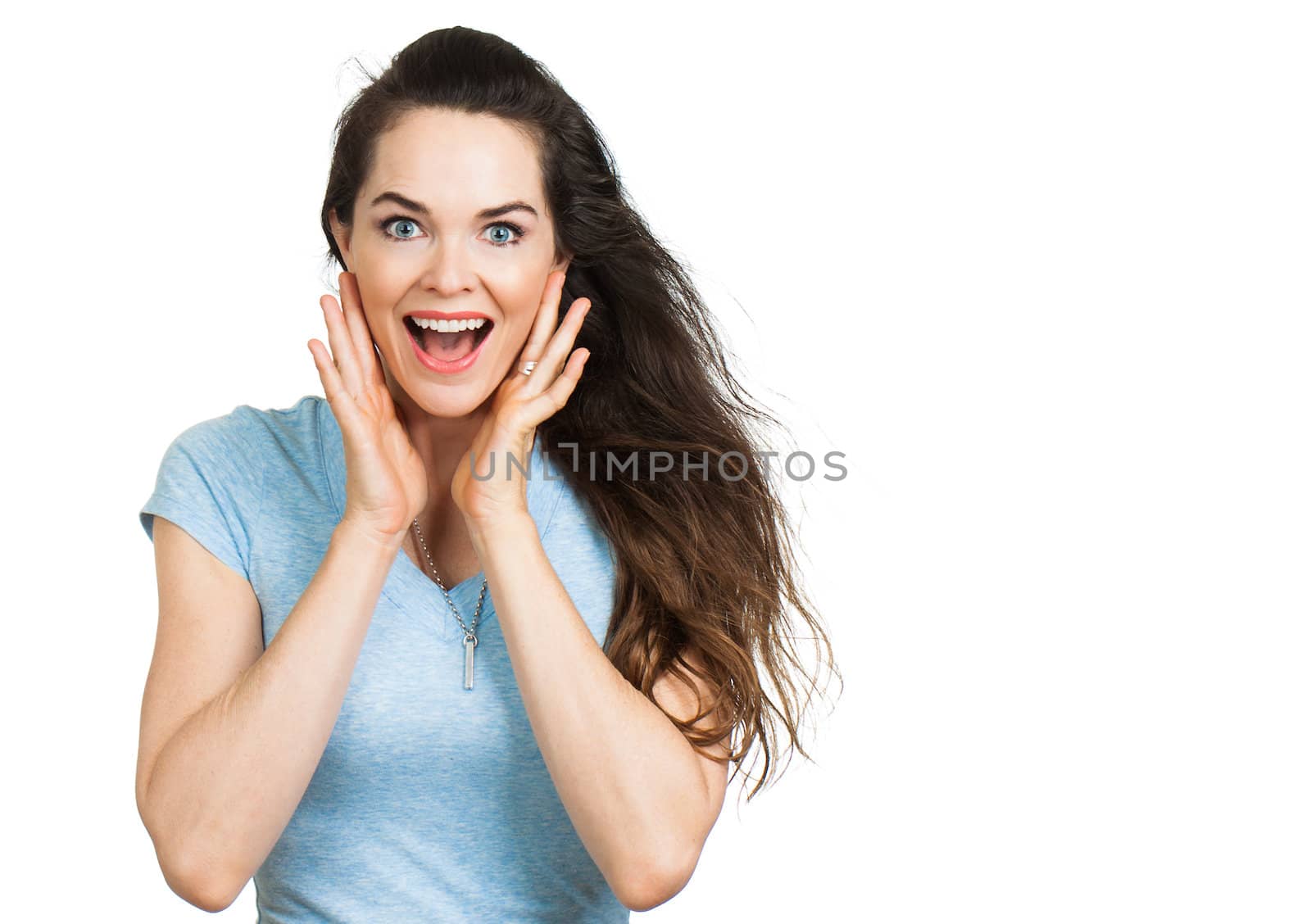 Portrait of a beautiful happy surprised woman.  Isolated on white with room for text.
