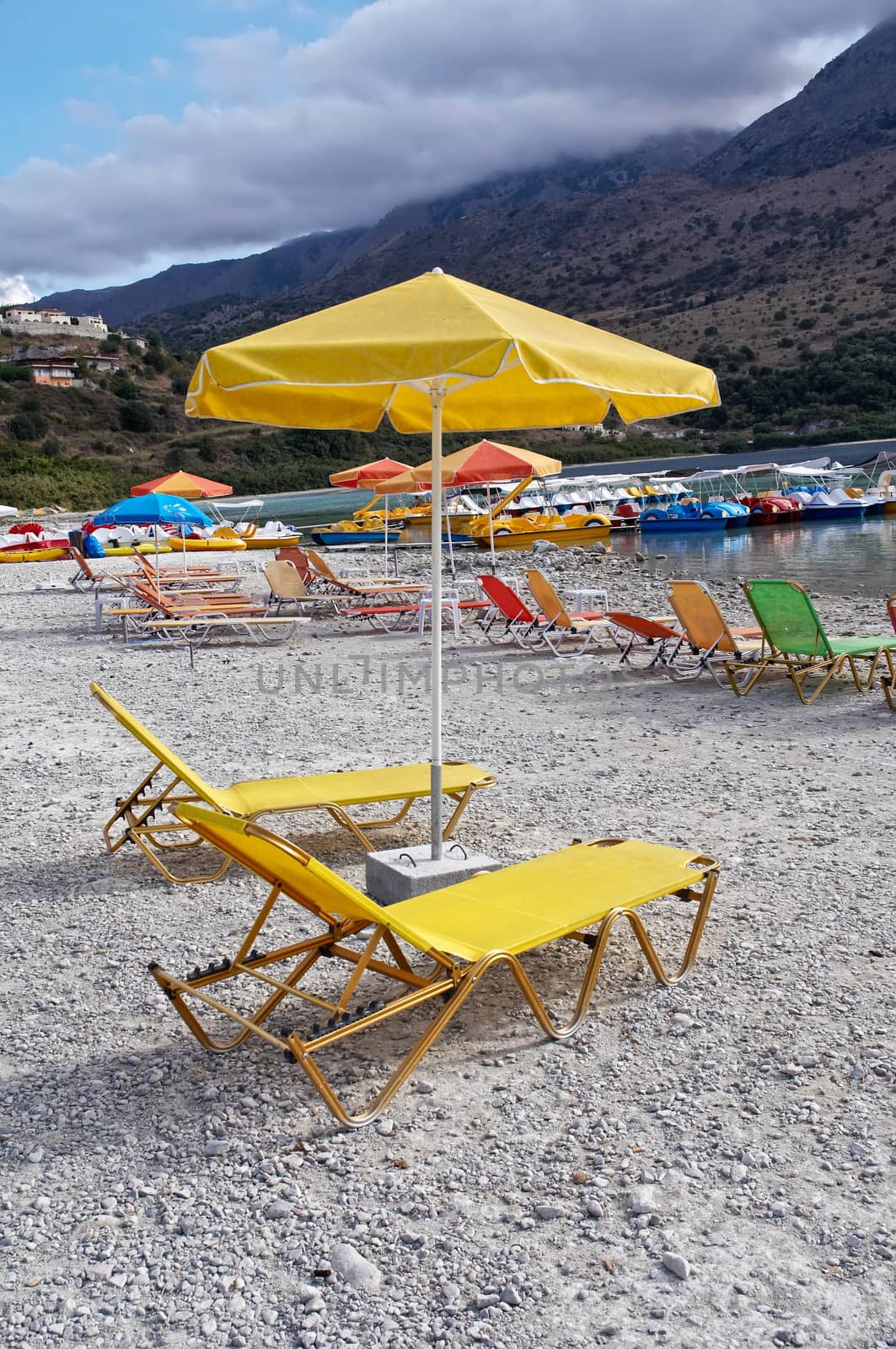 Sunbeds on a shore of Kournas lake.