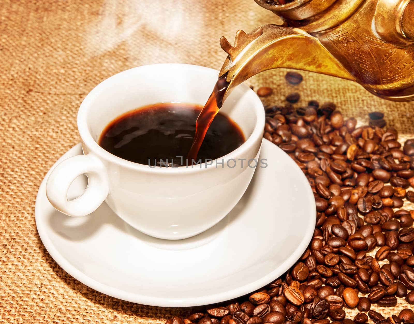 hot coffee from arabic copper turks and  scattered coffee grains