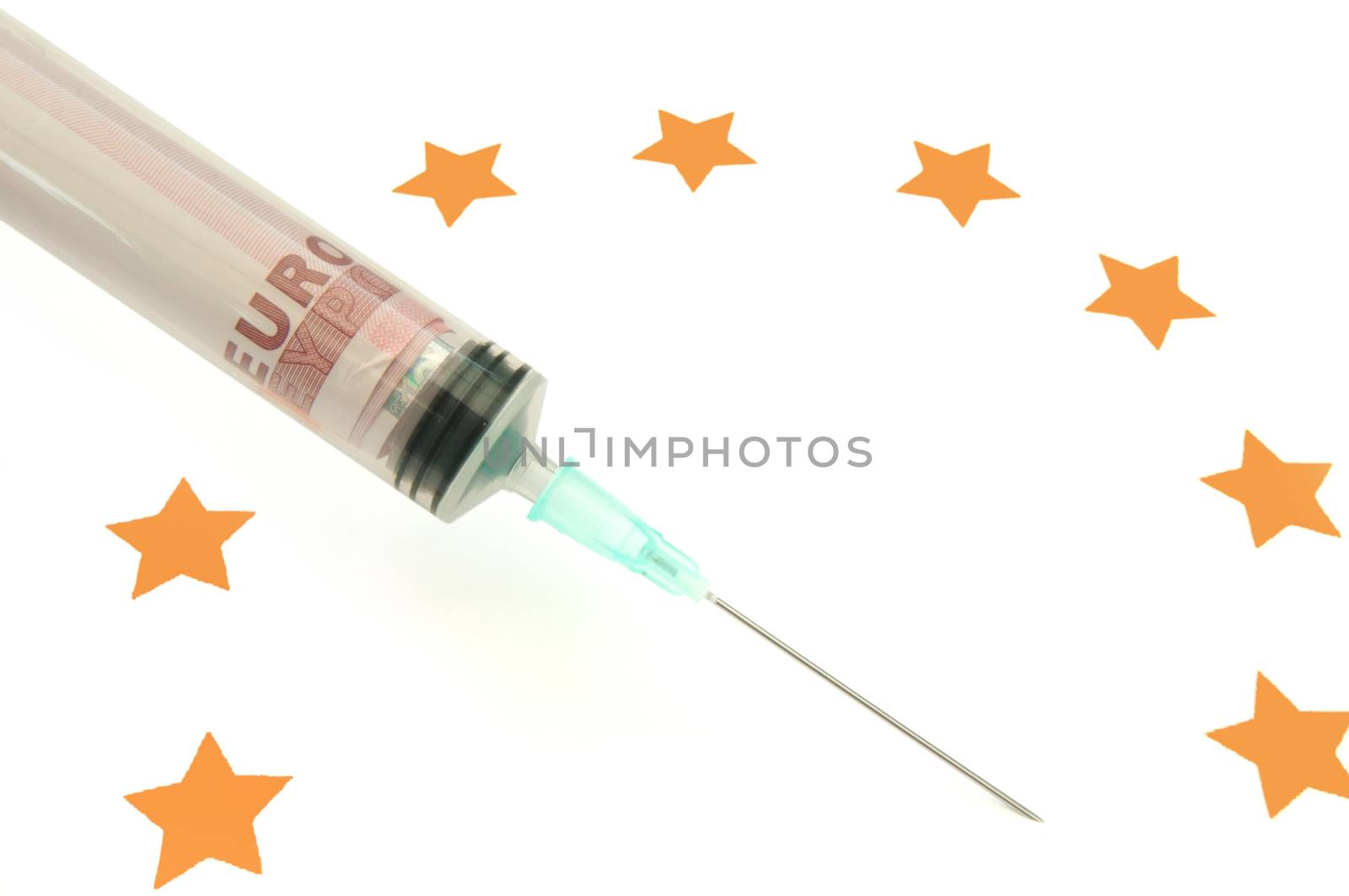 Injection needle containing banknotes placed inbetween the Euro symbol of stars 
