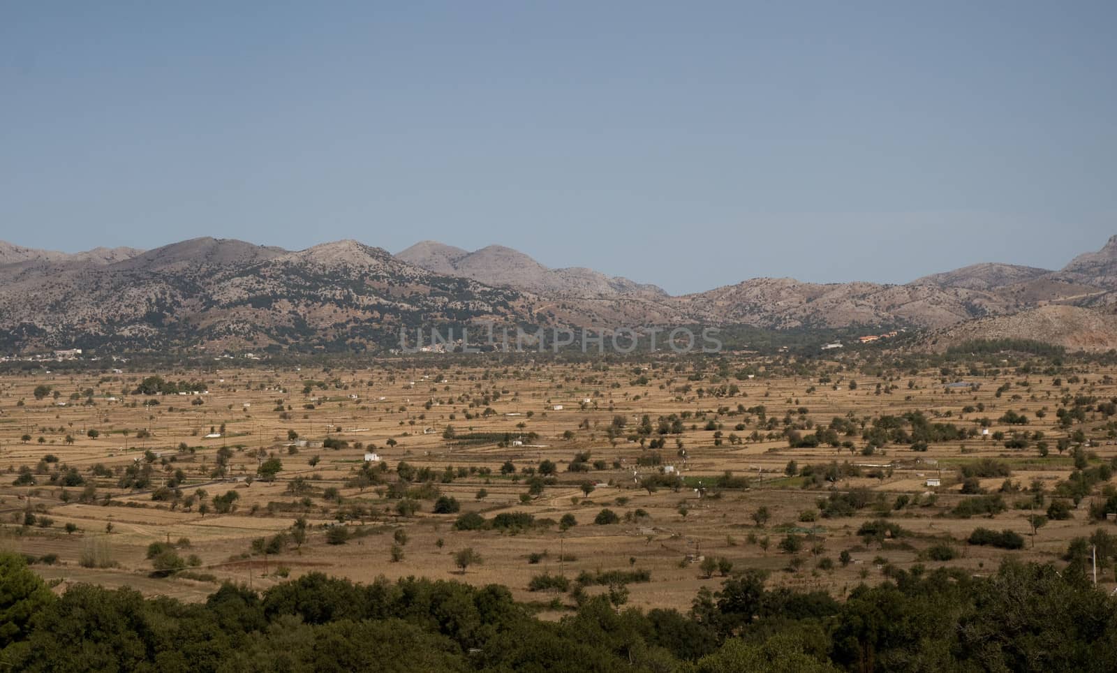 View of the fertile Lassithi Plateau in Crete, Greece.