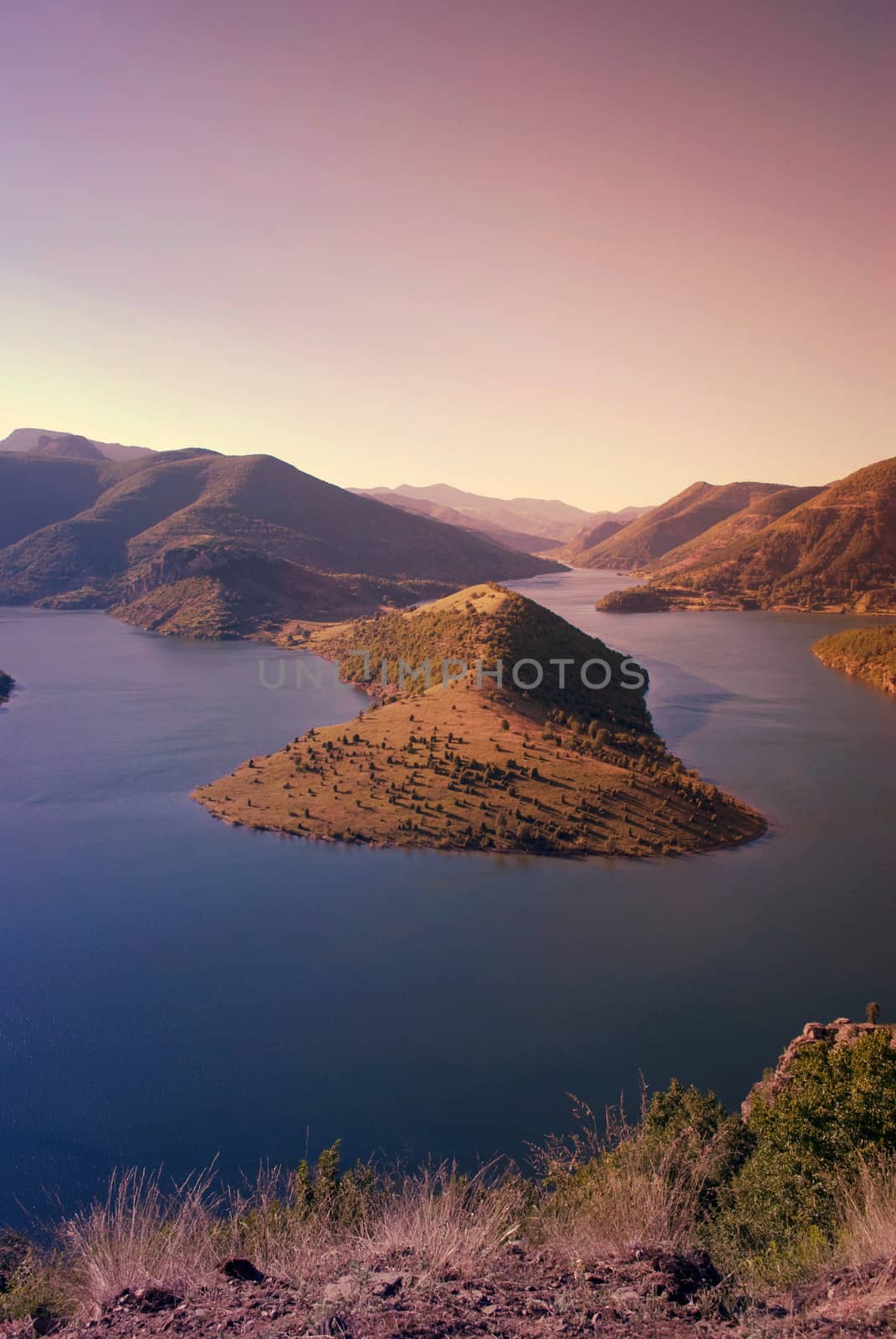 high view of Kardjali lake, Bulgaria at sunset