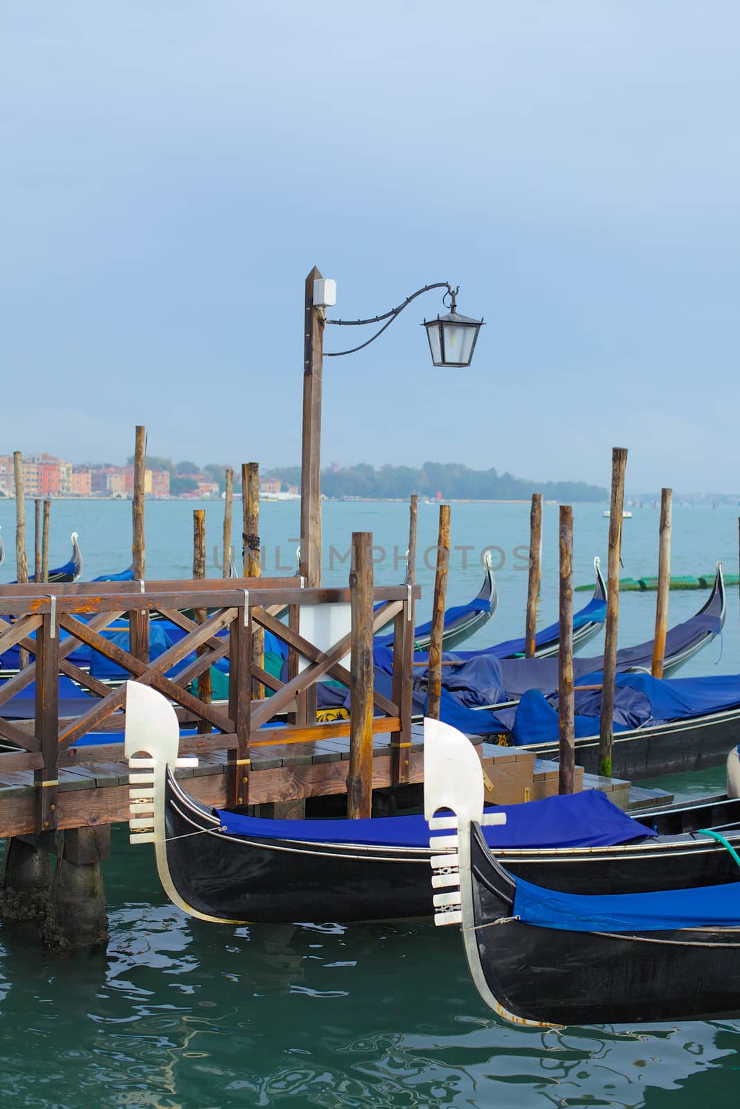 Gondolas on Grand Canal in Venice. Italy. Vertical view