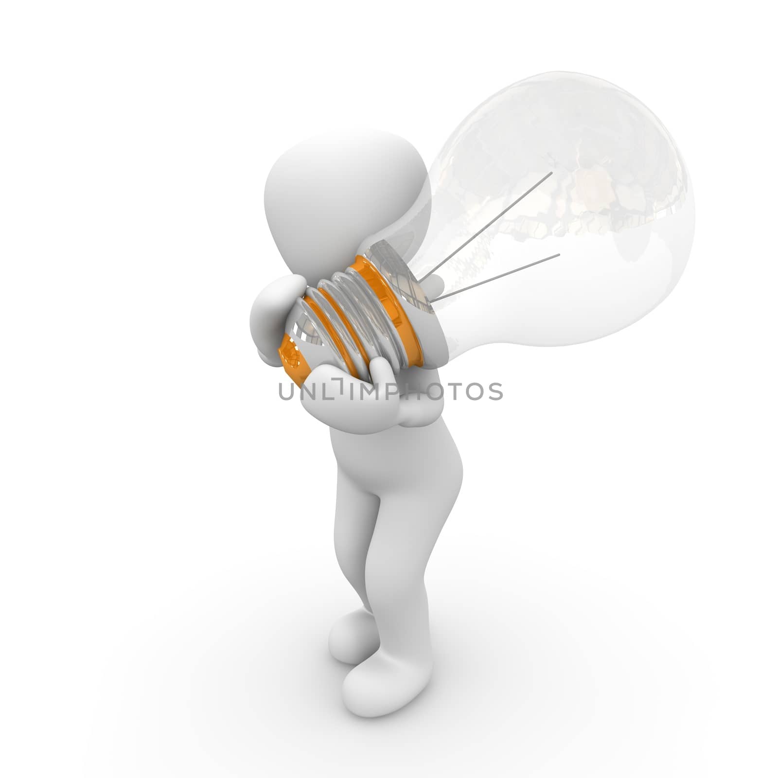 A 3D character carries a large bulb on the shoulder.