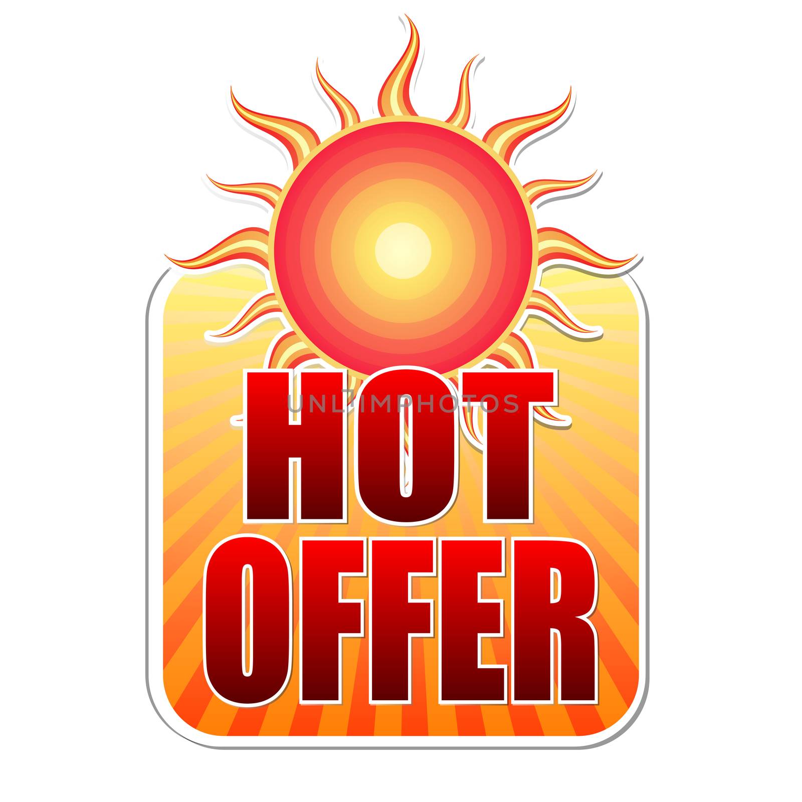 summer hot offer banner - text in yellow label with red sun and orange sunrays, business concept