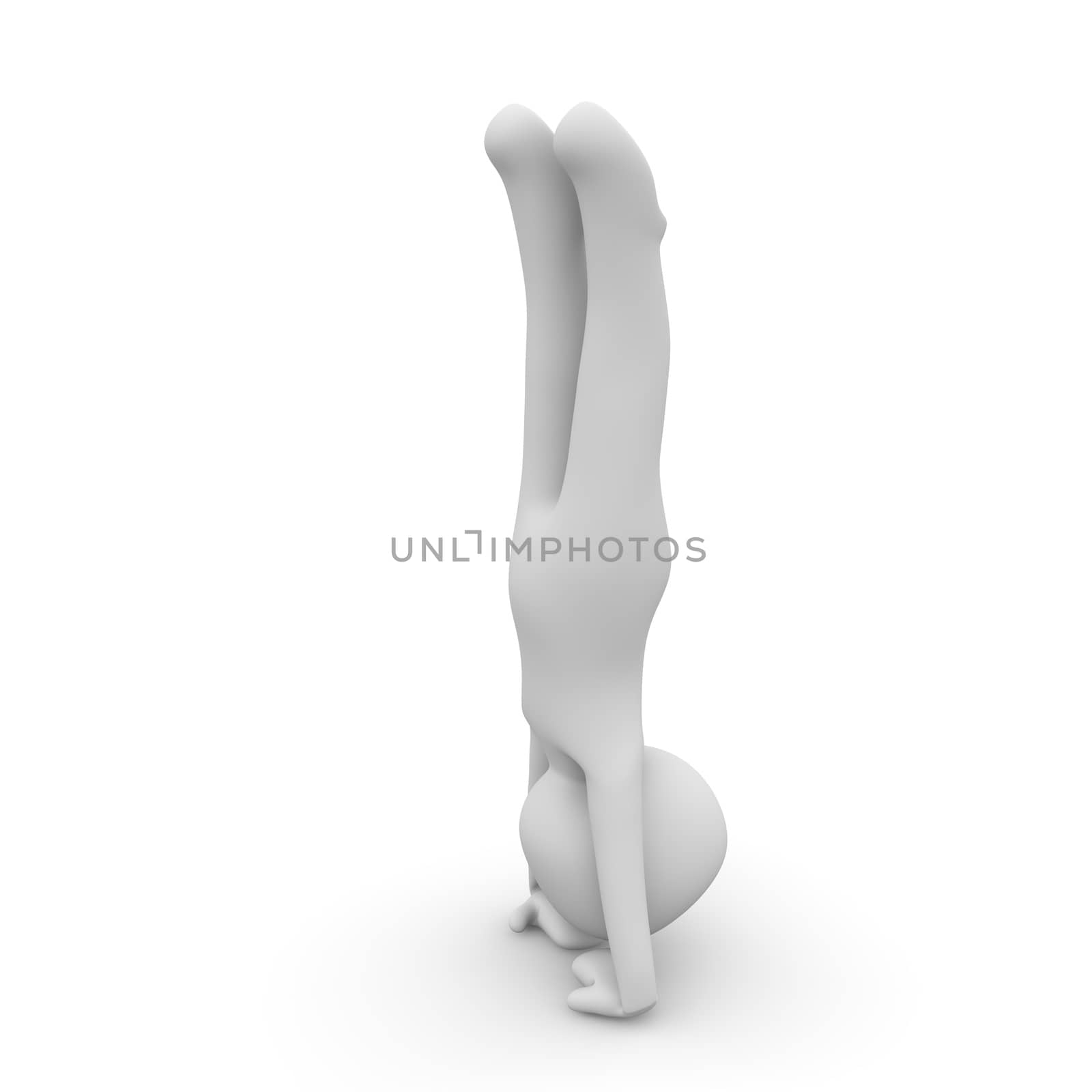 A 3D character stands upright on the hands.