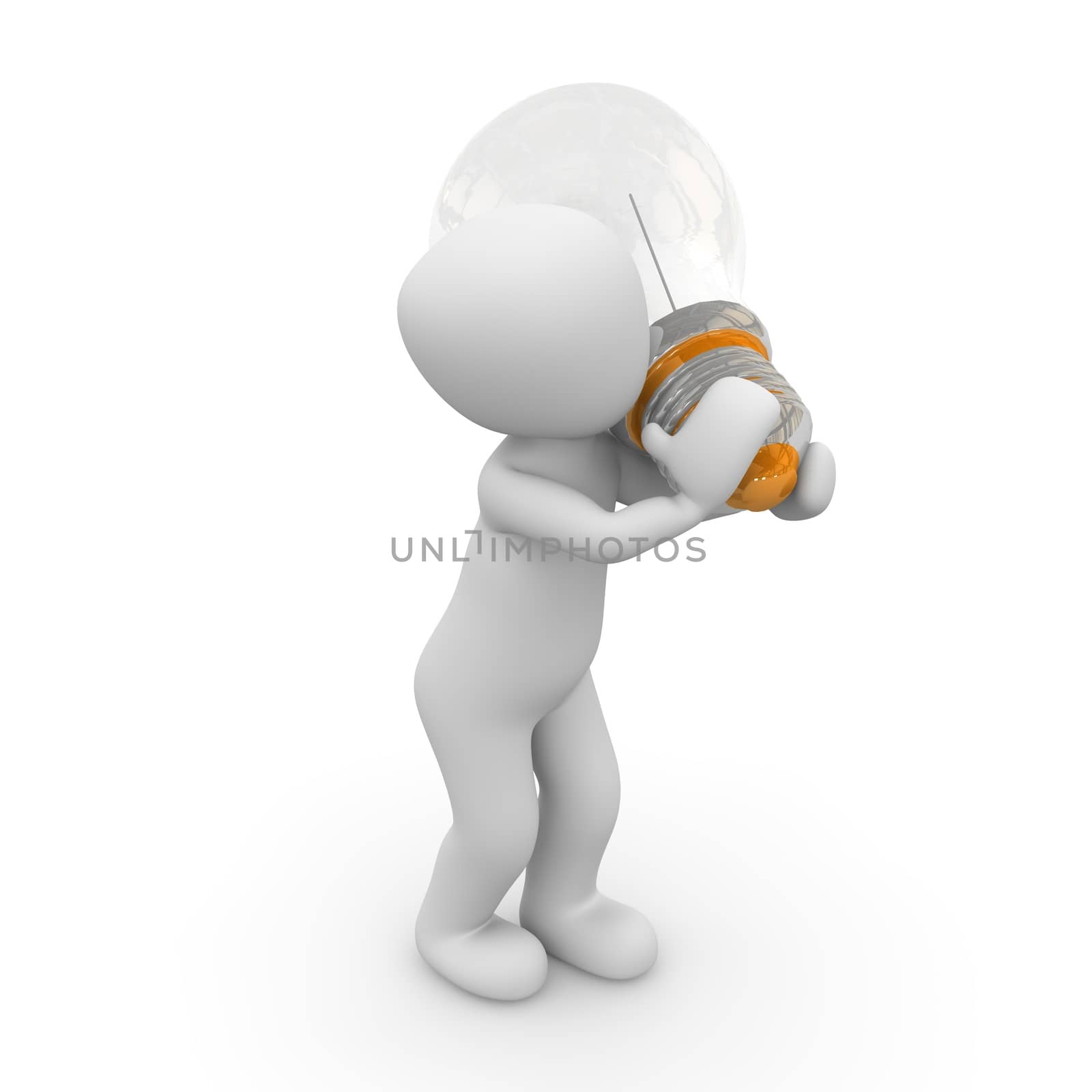 A 3D character carries the light bulb on his left shoulder.