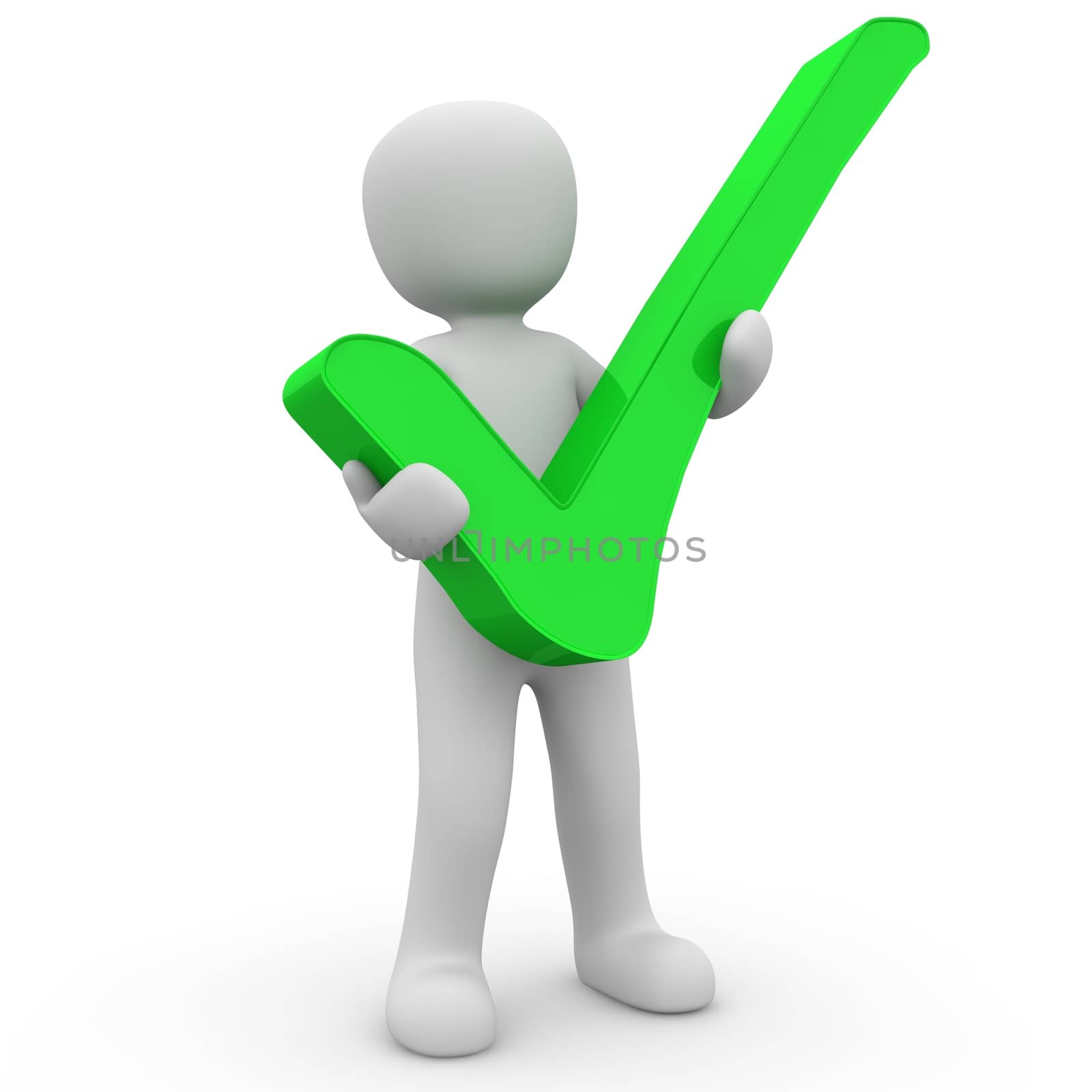 A 3d character holding a green check mark in his hands.