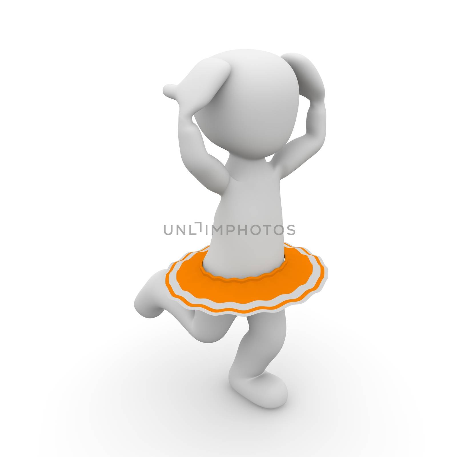 A 3D character dances ballet in a tutu.